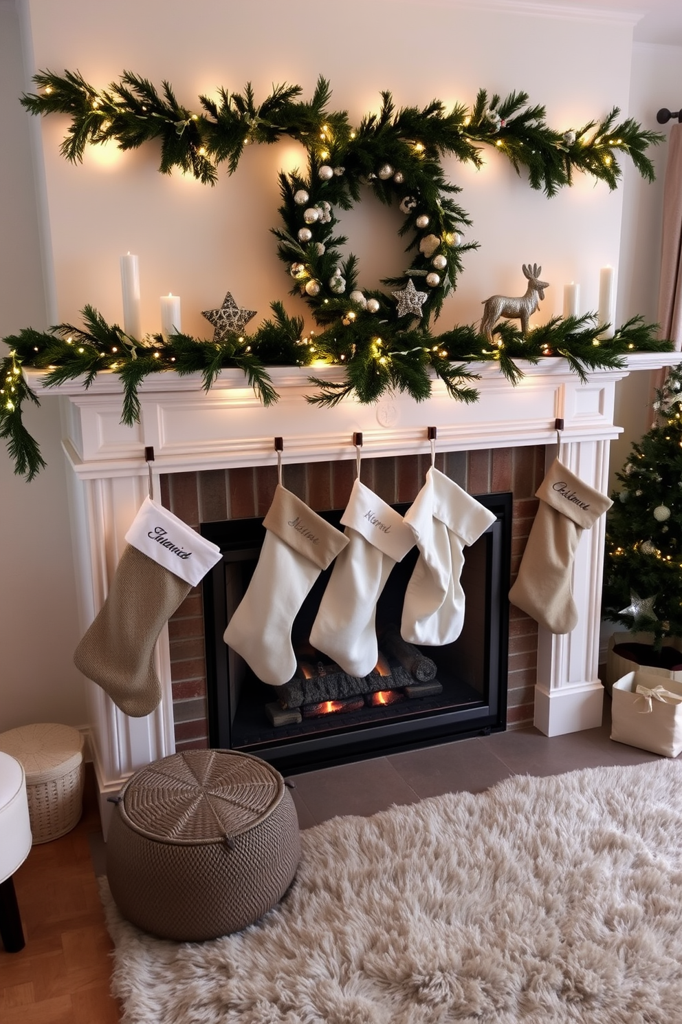 A cozy living room adorned with vintage lanterns that emit a warm glow. The lanterns are placed on rustic wooden shelves, complementing the exposed beams of the ceiling. A beautifully decorated winter fireplace that serves as the focal point of the room. The mantel is adorned with evergreen garlands and seasonal ornaments, creating a festive atmosphere.