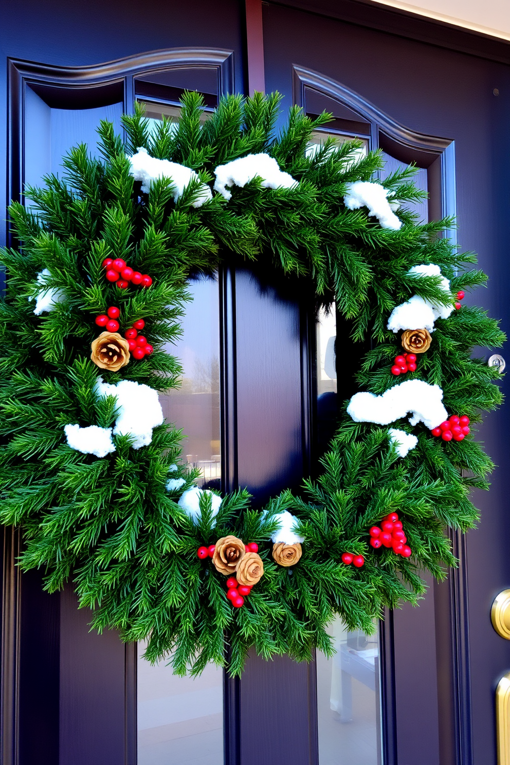 A beautiful front door adorned with an evergreen wreath featuring pinecones and red berries. The wreath is lush and vibrant, creating a warm welcome for guests during the winter season.