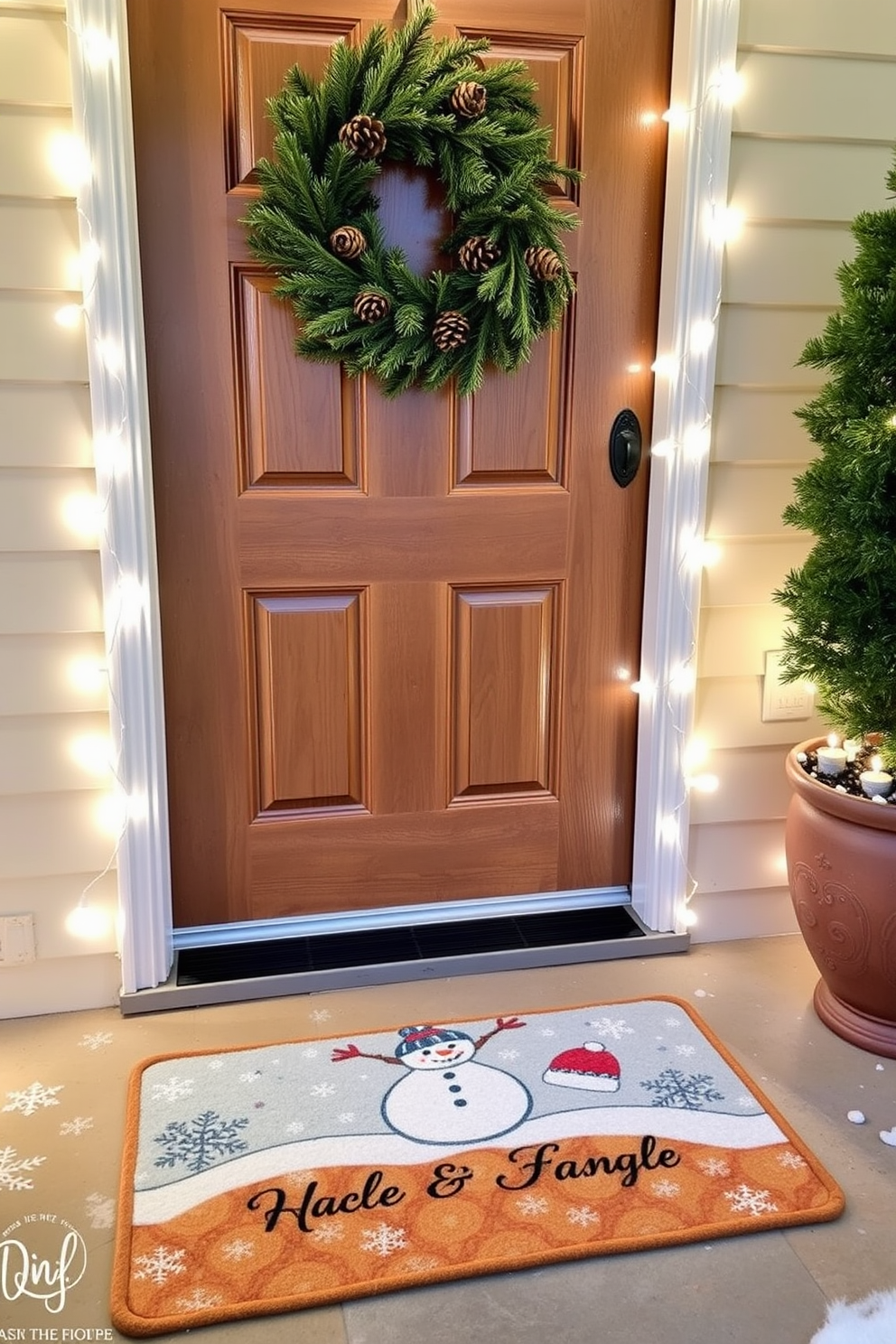 A cozy front entrance featuring a seasonal doormat with a winter theme. The doormat is adorned with snowflakes and a cheerful snowman, inviting guests into a warmly decorated home. The front door is elegantly decorated with a wreath of pinecones and evergreen branches. Soft white lights outline the door frame, creating a welcoming glow during the chilly winter evenings.