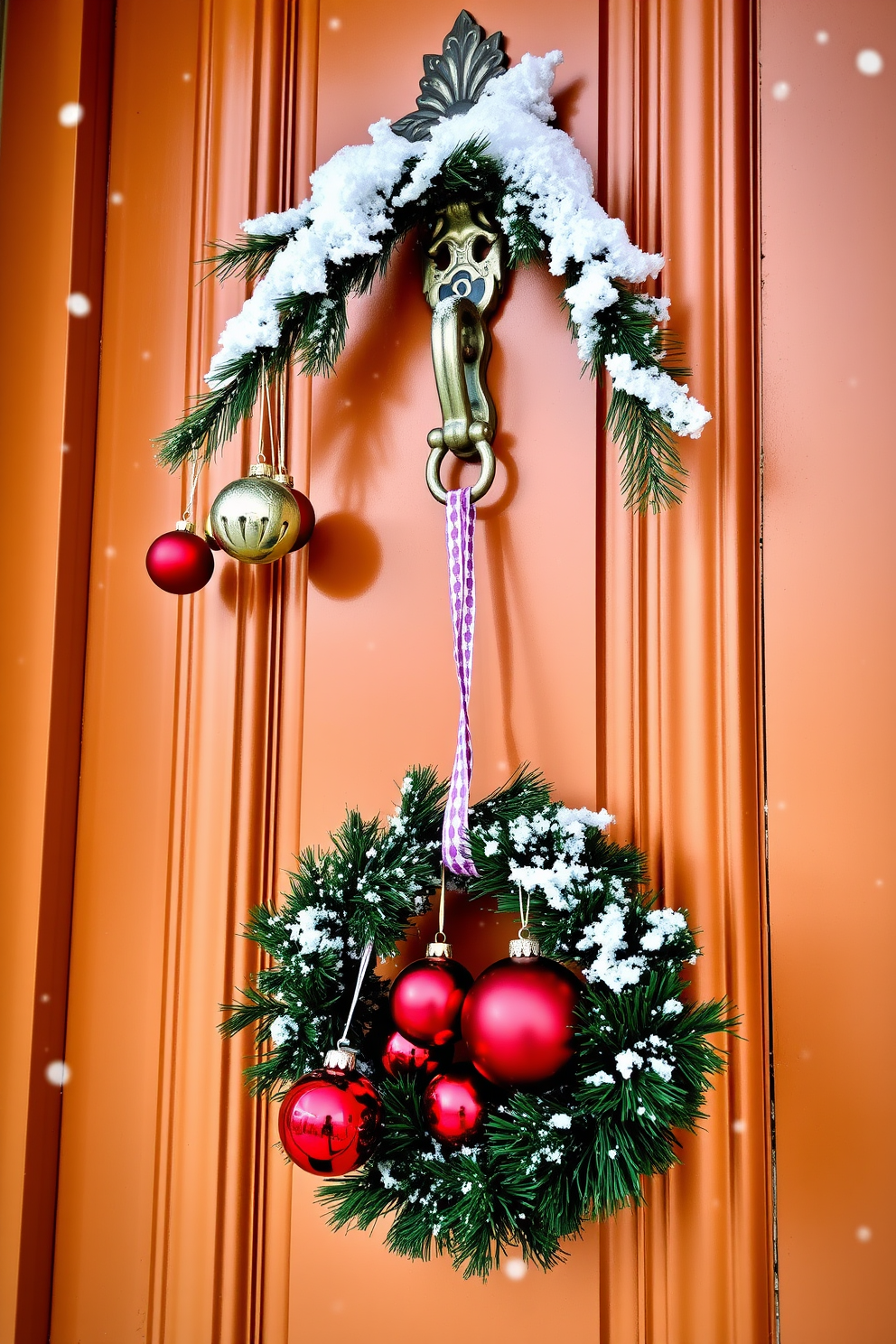 A charming winter front door adorned with hanging ornaments. The door knocker is embellished with a festive wreath, and colorful baubles dangle gracefully from it.