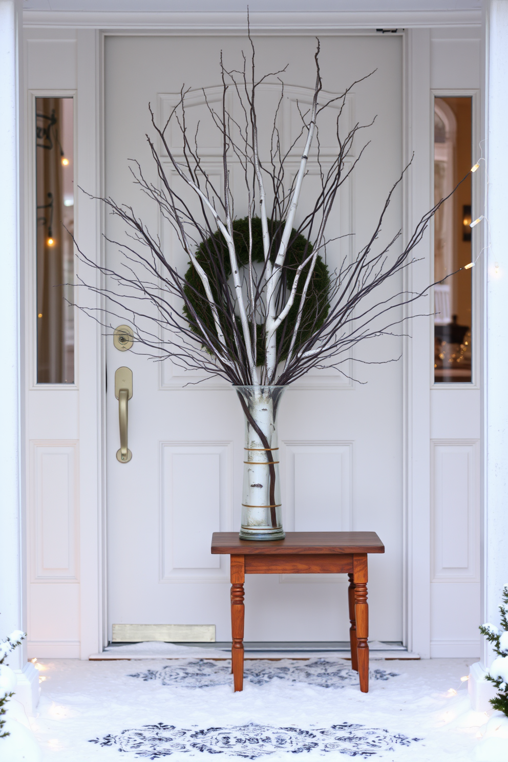 A beautiful winter front door decorated with a birch branch arrangement in a tall vase. The vase is placed on a small wooden table beside the door, surrounded by soft white snow and twinkling fairy lights.