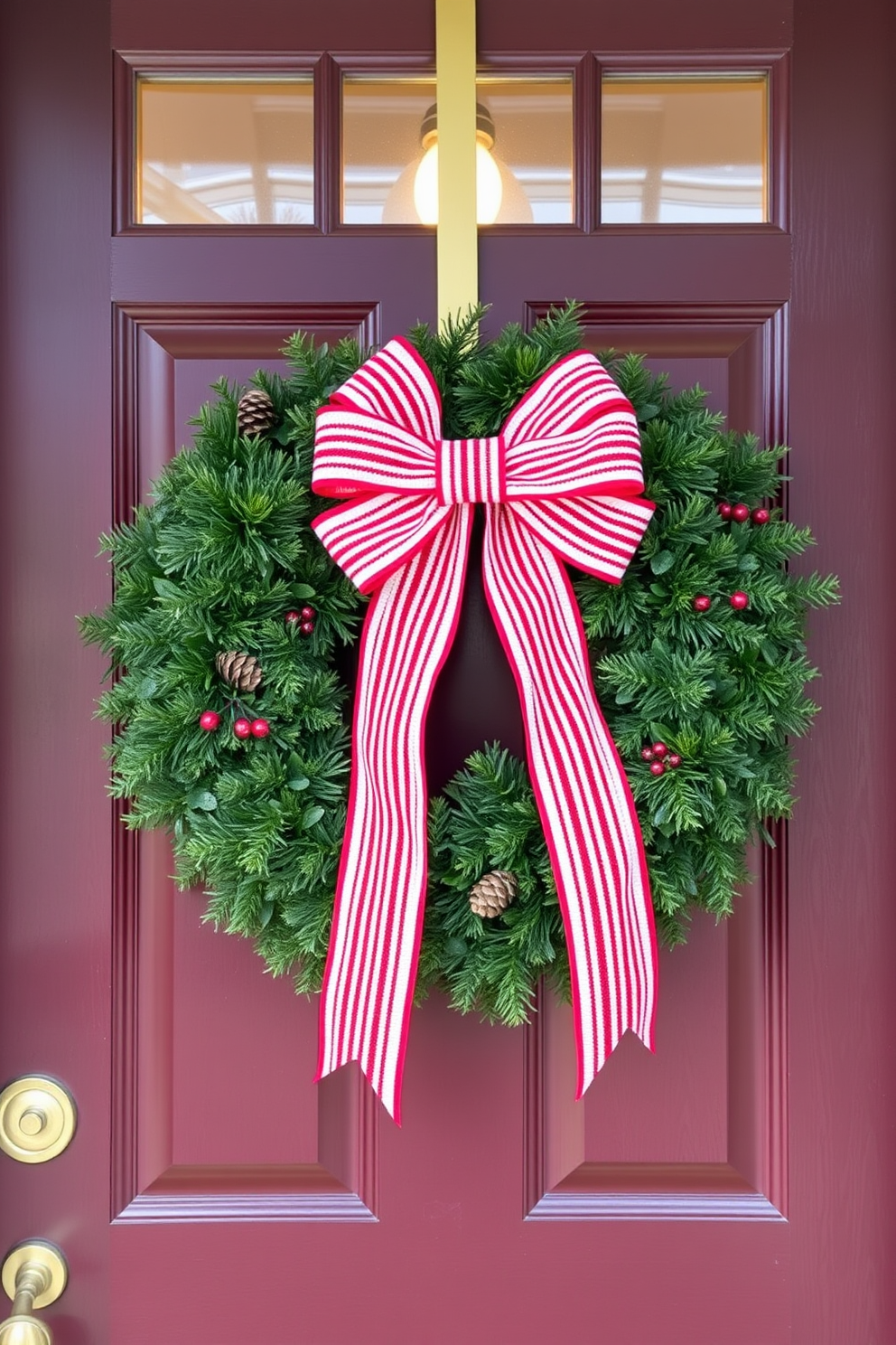 A winter front door adorned with a festive wreath featuring a prominent red and white striped bow. The wreath is lush and green, complemented by small pinecones and berries, creating a warm and inviting entrance.