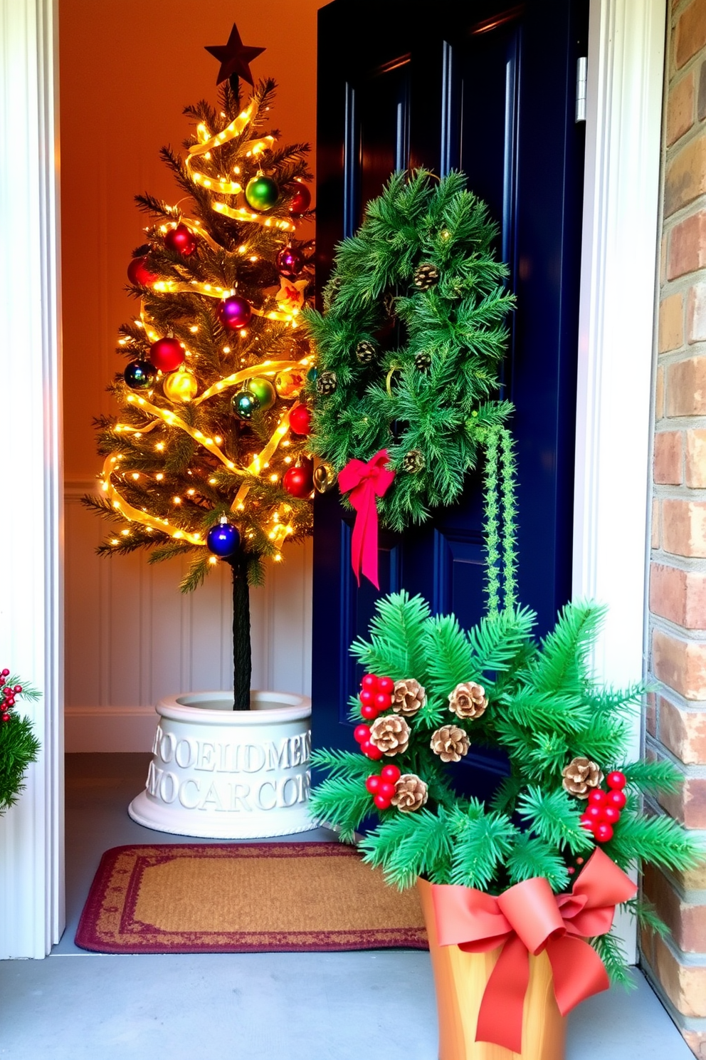 A charming entrance features a miniature Christmas tree adorned with twinkling fairy lights and colorful ornaments. The front door is beautifully decorated with a festive wreath made of pinecones and red berries, welcoming guests with holiday cheer.