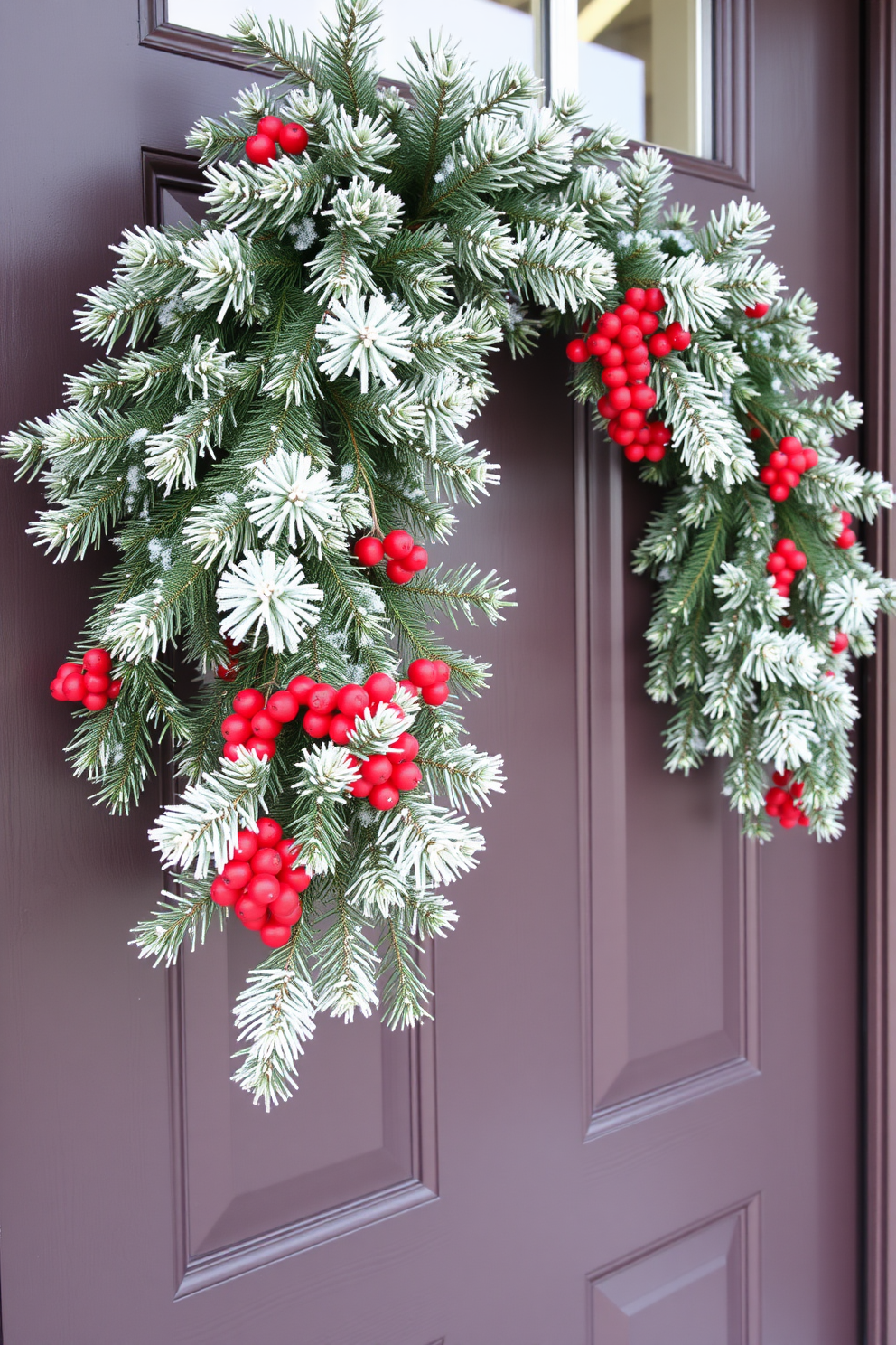 A charming winter front door adorned with a garland featuring frosted pine and vibrant red berries. The garland gracefully drapes across the top of the door, creating a warm and inviting entrance.