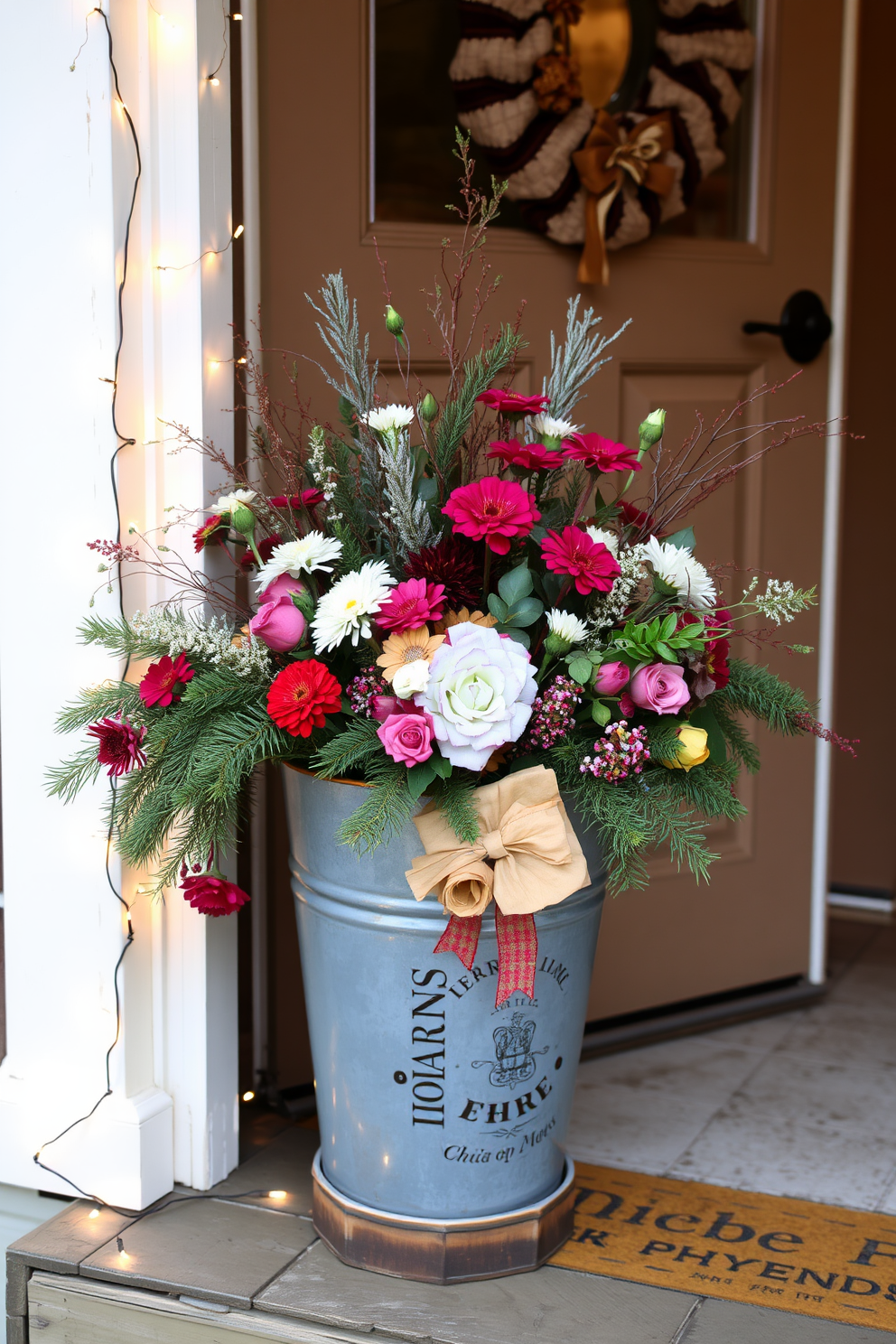 A charming front door adorned with a metal bucket brimming with vibrant winter florals creates a warm and inviting entrance. The bucket is positioned on a rustic wooden porch, surrounded by twinkling fairy lights that enhance the cozy atmosphere.