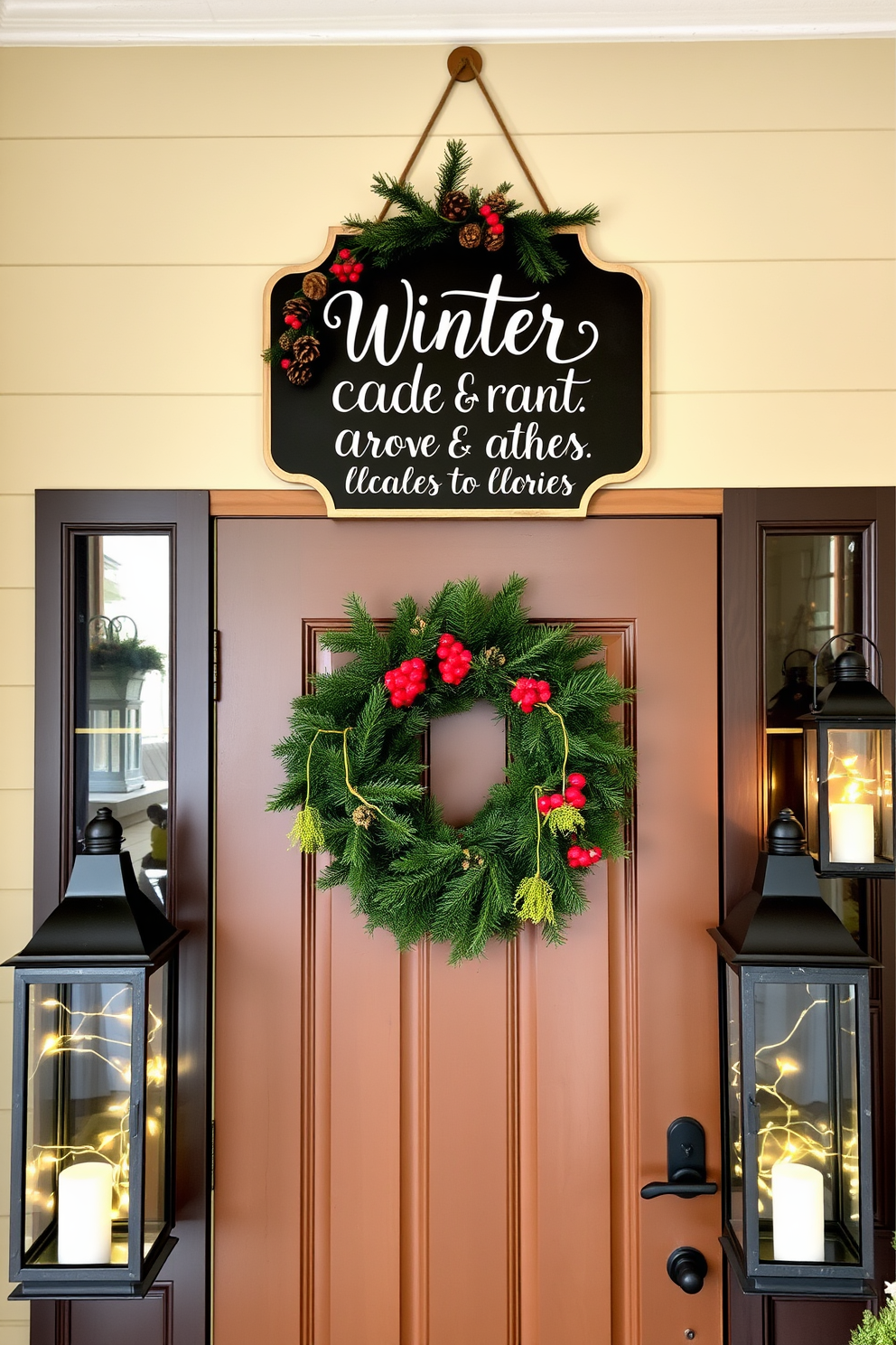 A chalkboard sign hangs on the wall, featuring elegant winter quotes in white chalk. The sign is surrounded by a festive arrangement of pinecones and evergreen branches, adding a cozy touch to the entryway. The front door is adorned with a lush wreath made of fresh pine and red berries. Flanking the door are two lanterns filled with warm fairy lights, creating a welcoming glow during the winter season.