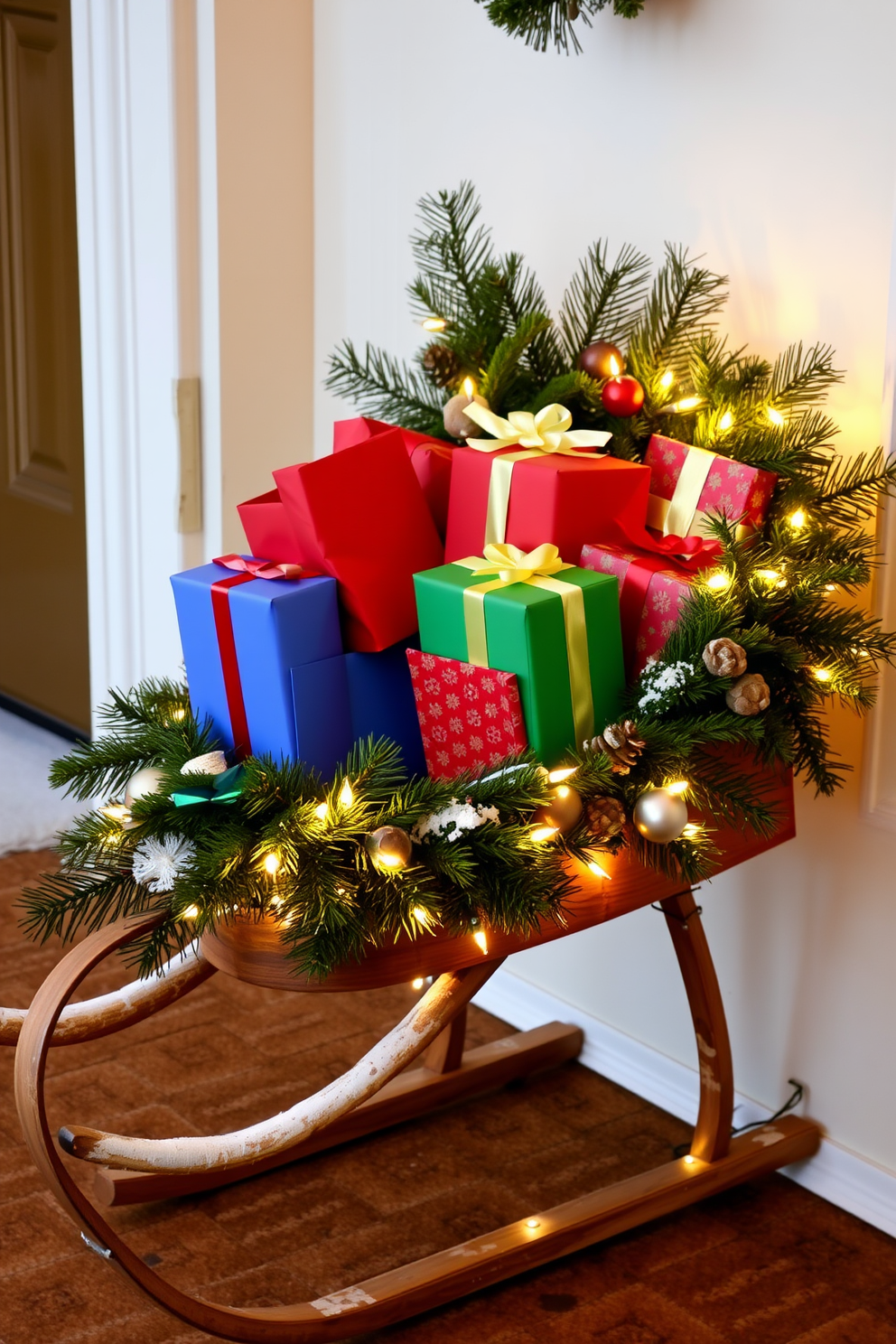 A decorative sled is positioned at the front door, filled with beautifully wrapped holiday gifts in vibrant colors. Pine branches and twinkling fairy lights are artfully arranged around the sled, creating a warm and inviting winter welcome.