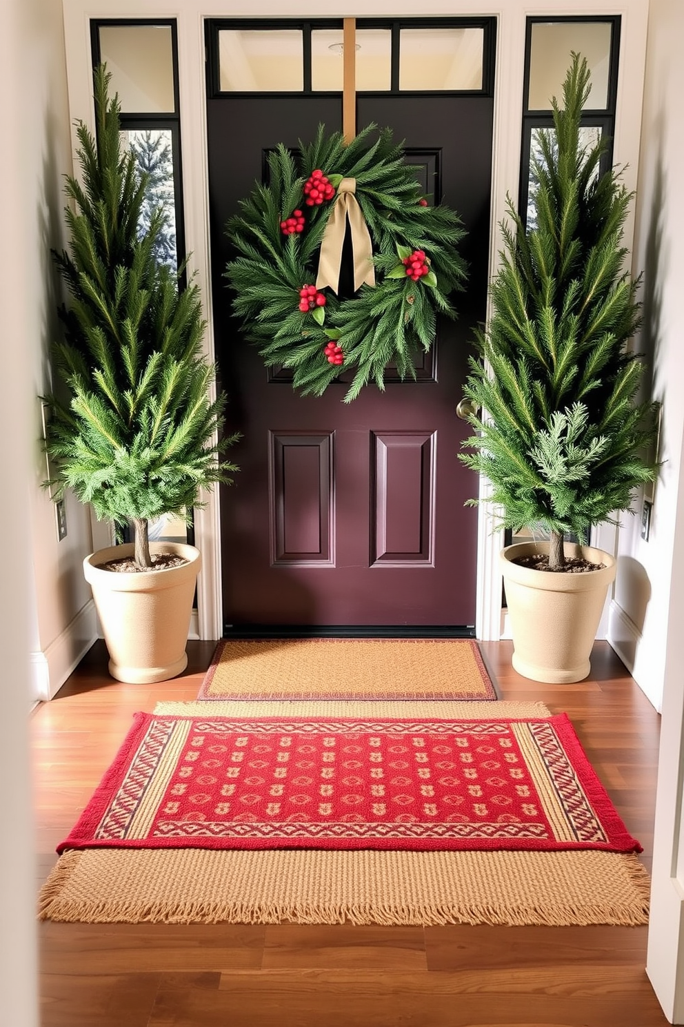 A cozy entryway features layered rugs that create warmth and texture. The first rug is a large neutral jute mat, topped with a smaller patterned wool rug in rich earth tones. For winter front door decorating ideas, a lush evergreen wreath adorned with red berries hangs prominently. Flanking the door, two potted pine trees add a touch of nature and festivity to the entrance.