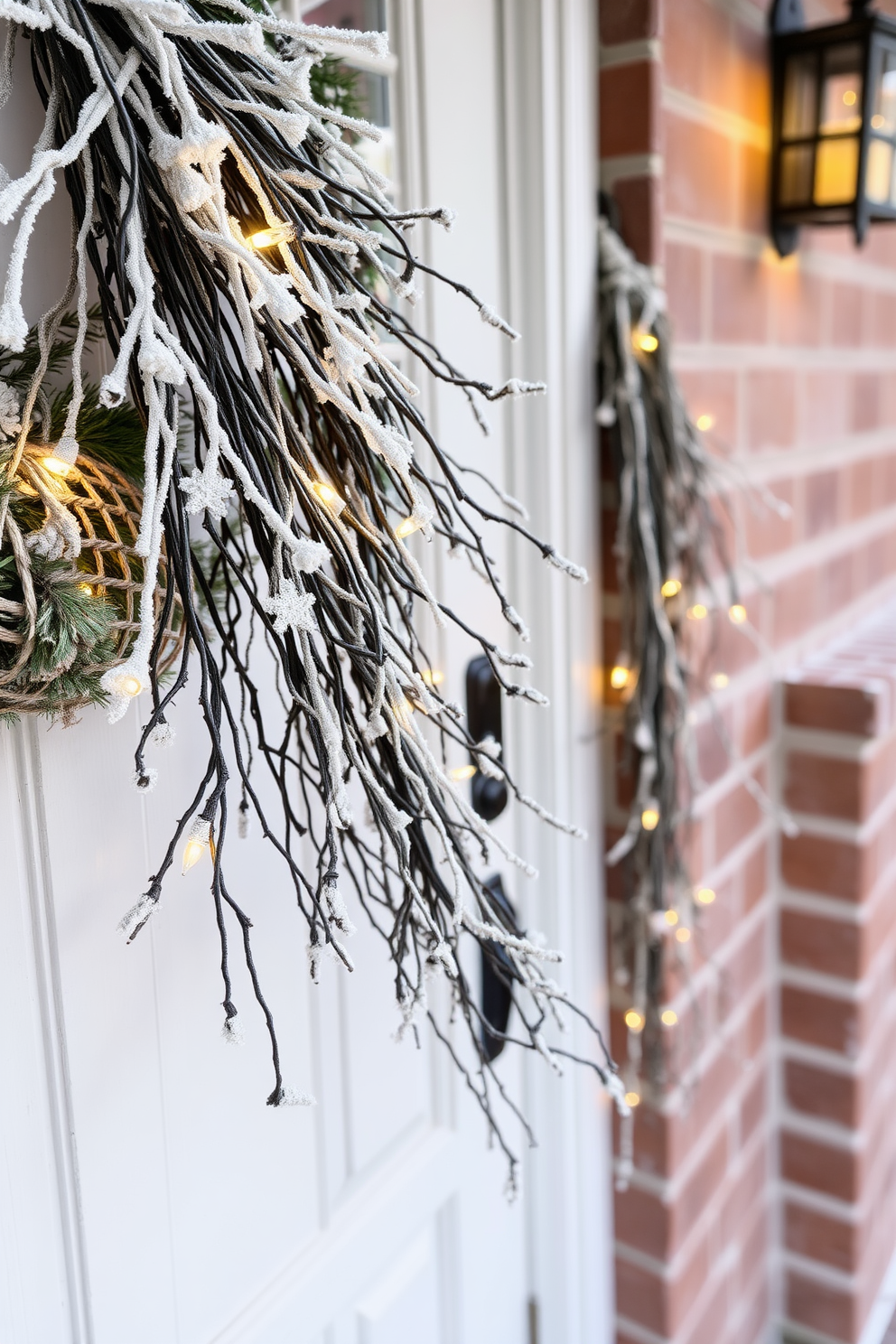 A cozy plaid blanket is casually draped over a plush armchair in a warm living room. The chair is positioned near a crackling fireplace, creating an inviting atmosphere perfect for winter evenings. The front door is adorned with a beautiful wreath made of pinecones and evergreen branches. Flanking the door are two elegant lanterns filled with soft white lights, enhancing the festive charm of the entrance.