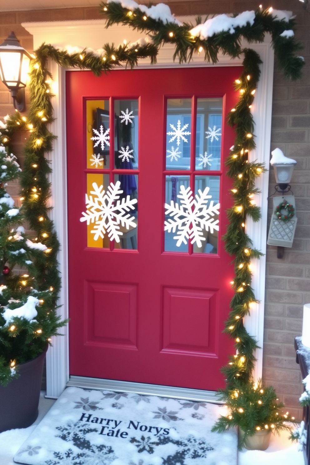 A cozy winter front door adorned with snowflake cutouts on the window panes. The door is painted in a deep red hue, surrounded by evergreen garlands and twinkling fairy lights.