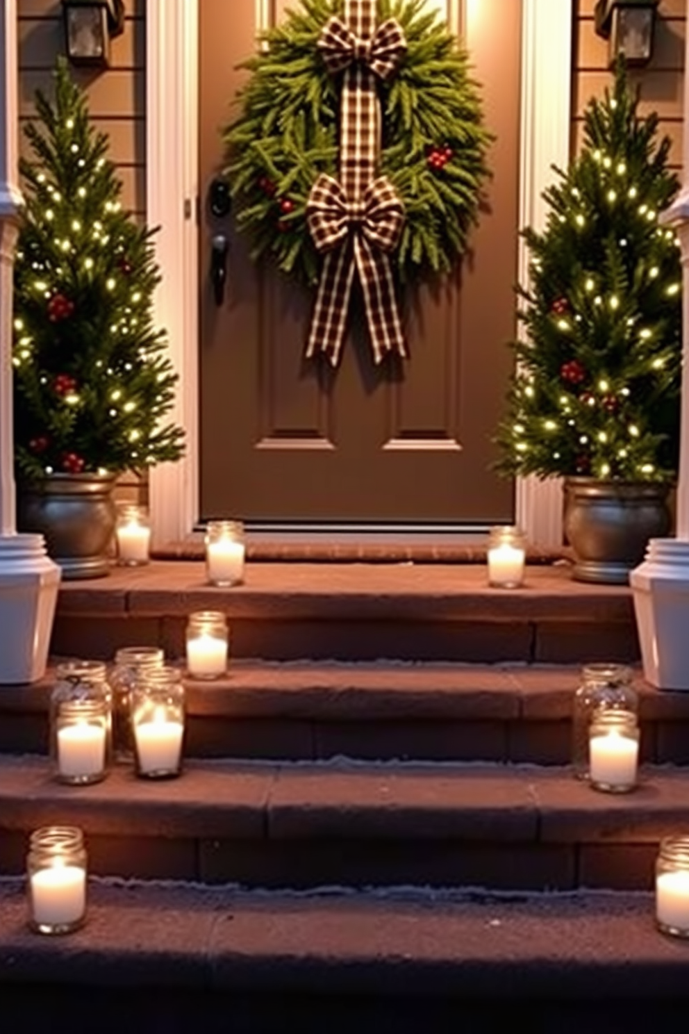 A cozy winter entrance adorned with a faux fur rug that adds warmth and texture. The front door is beautifully decorated with a lush evergreen wreath, accented by red berries and a large plaid bow.