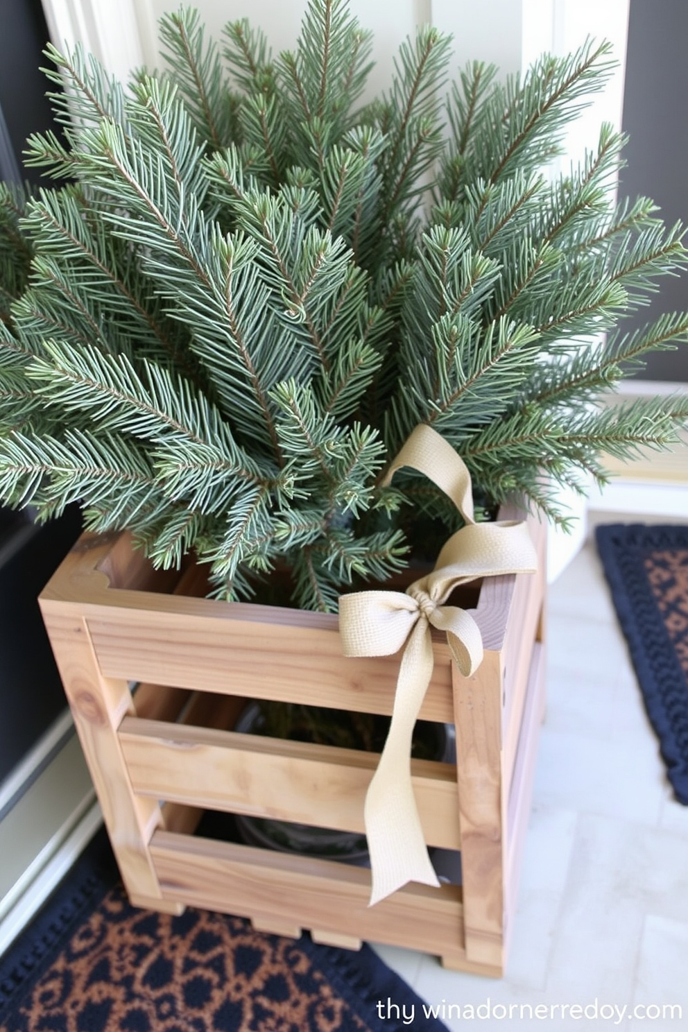 A charming porch features a miniature Christmas tree adorned with twinkling lights and colorful ornaments. The front door is elegantly decorated with a lush evergreen wreath, accented by a red bow and seasonal berries.