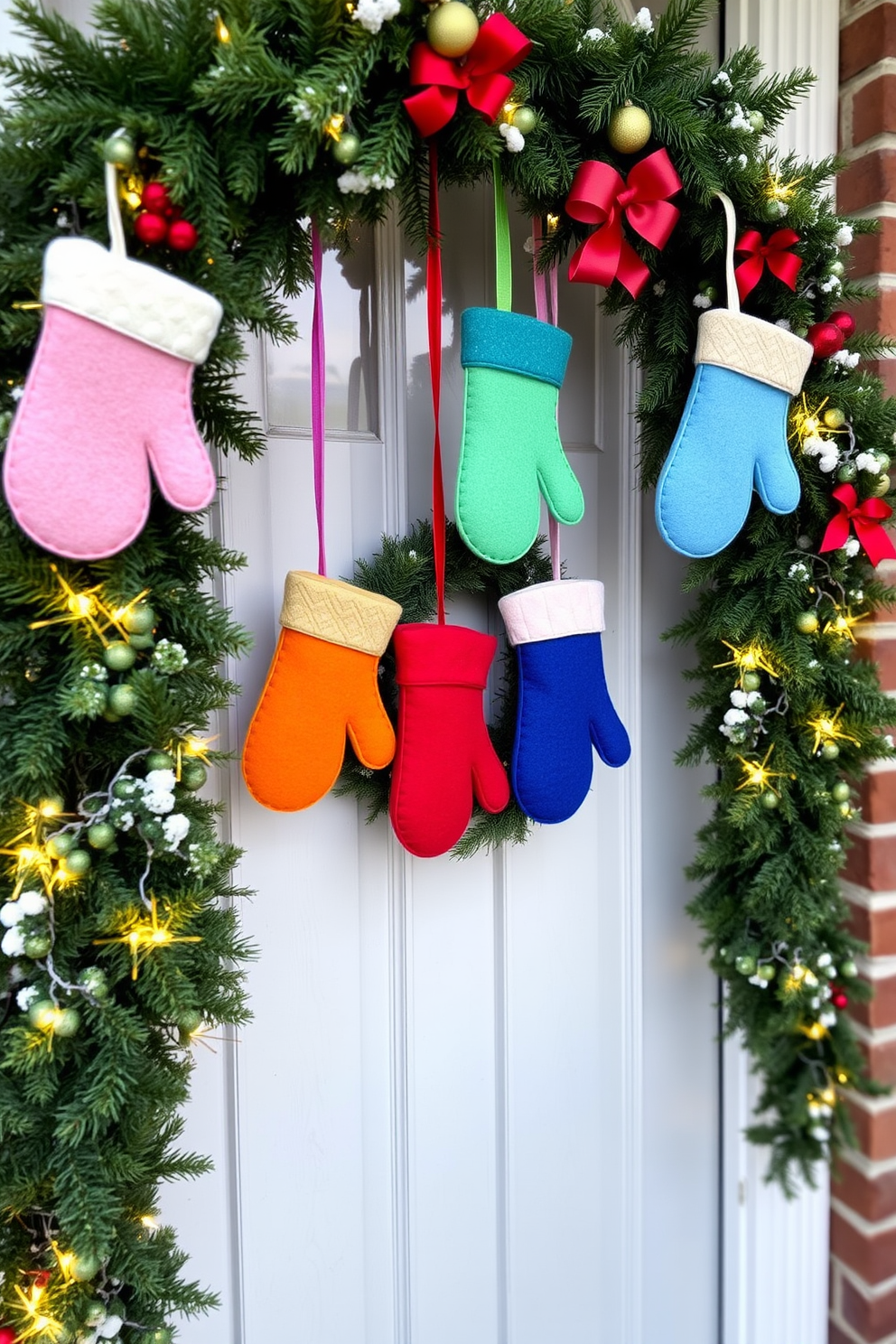 A charming winter front door adorned with hanging felt mittens in vibrant colors. The door is framed by a lush evergreen wreath, and soft white fairy lights twinkle around the entrance.