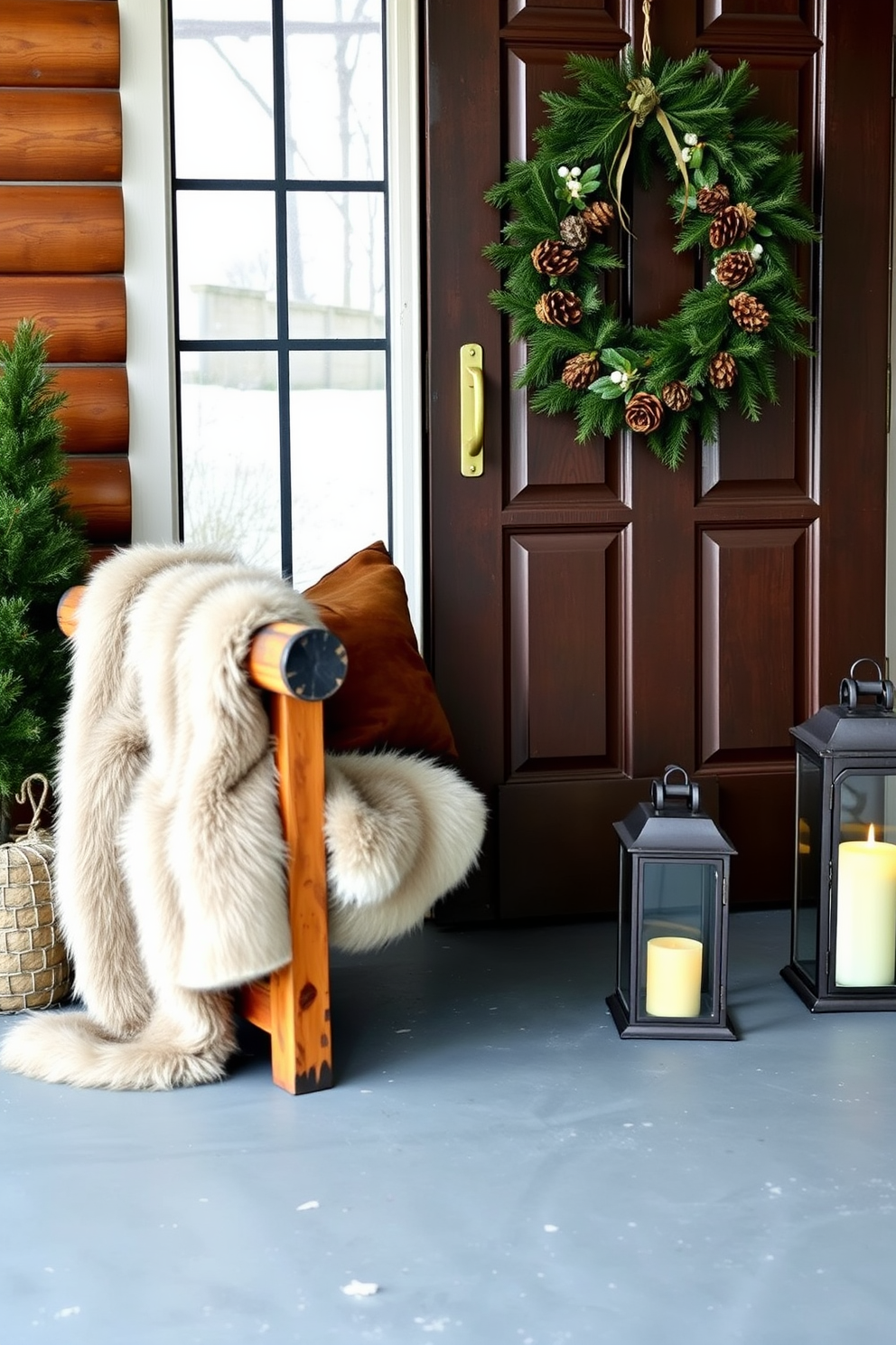 A cozy winter entryway features a rustic wooden bench adorned with a soft faux fur throw draped elegantly across one side. Flanking the front door, festive decorations include a wreath made of pinecones and evergreen branches, complemented by a pair of lanterns with warm glowing candles.