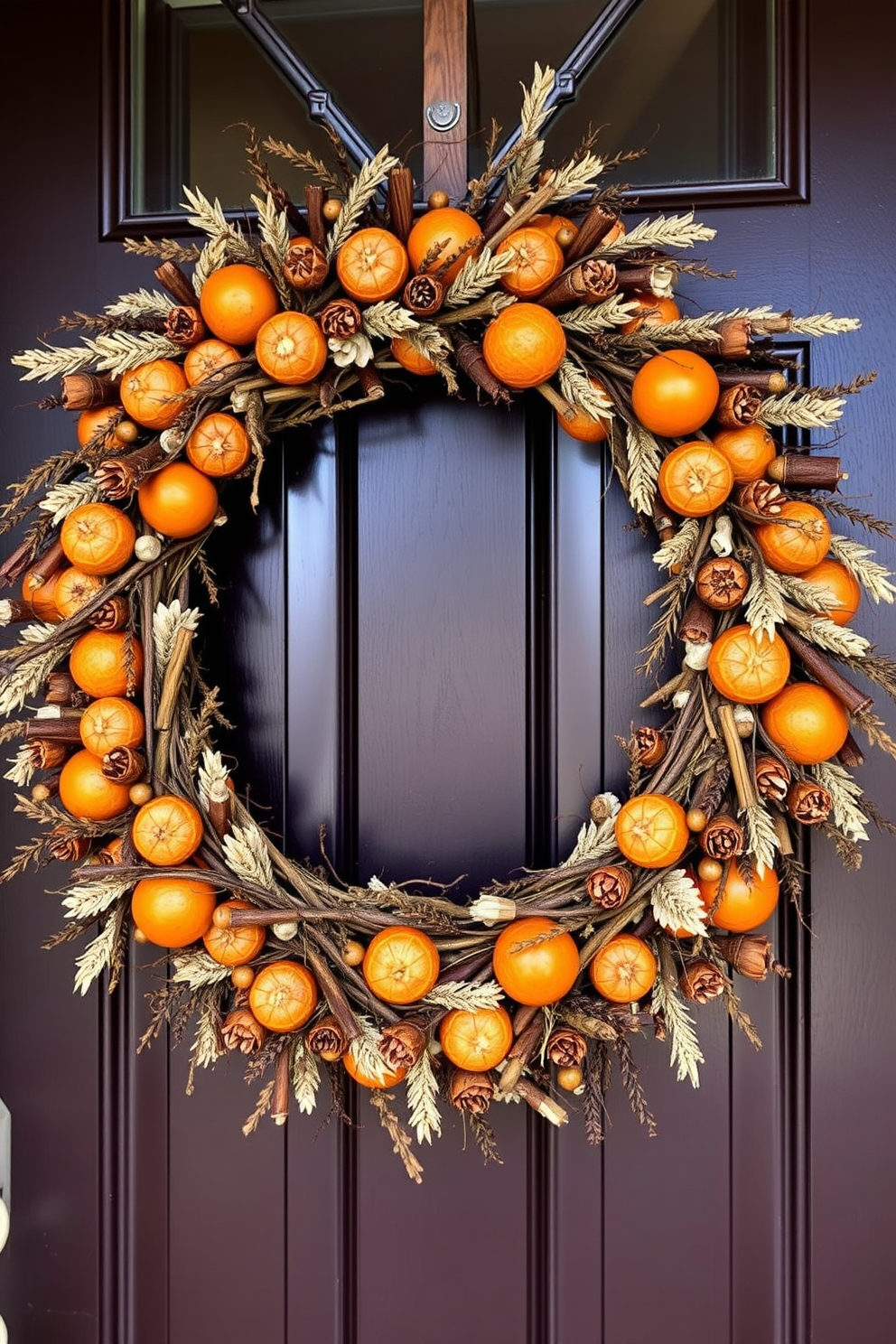 A beautiful winter front door adorned with a large vase filled with snowy branches. The vase is placed on a rustic wooden bench, creating a warm and inviting entrance.