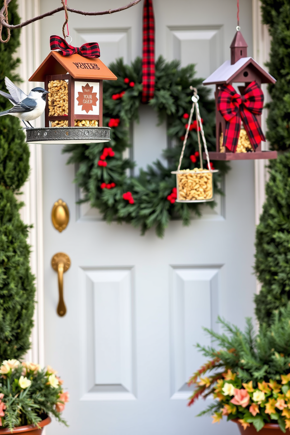 Hanging bird feeders adorned with colorful designs attract winter birds to your garden. The feeders are filled with a variety of seeds, creating a lively and inviting atmosphere for feathered visitors. A beautifully decorated front door features a lush evergreen wreath embellished with red berries and a plaid bow. Flanking the door, potted seasonal plants add warmth and charm to your winter entryway.