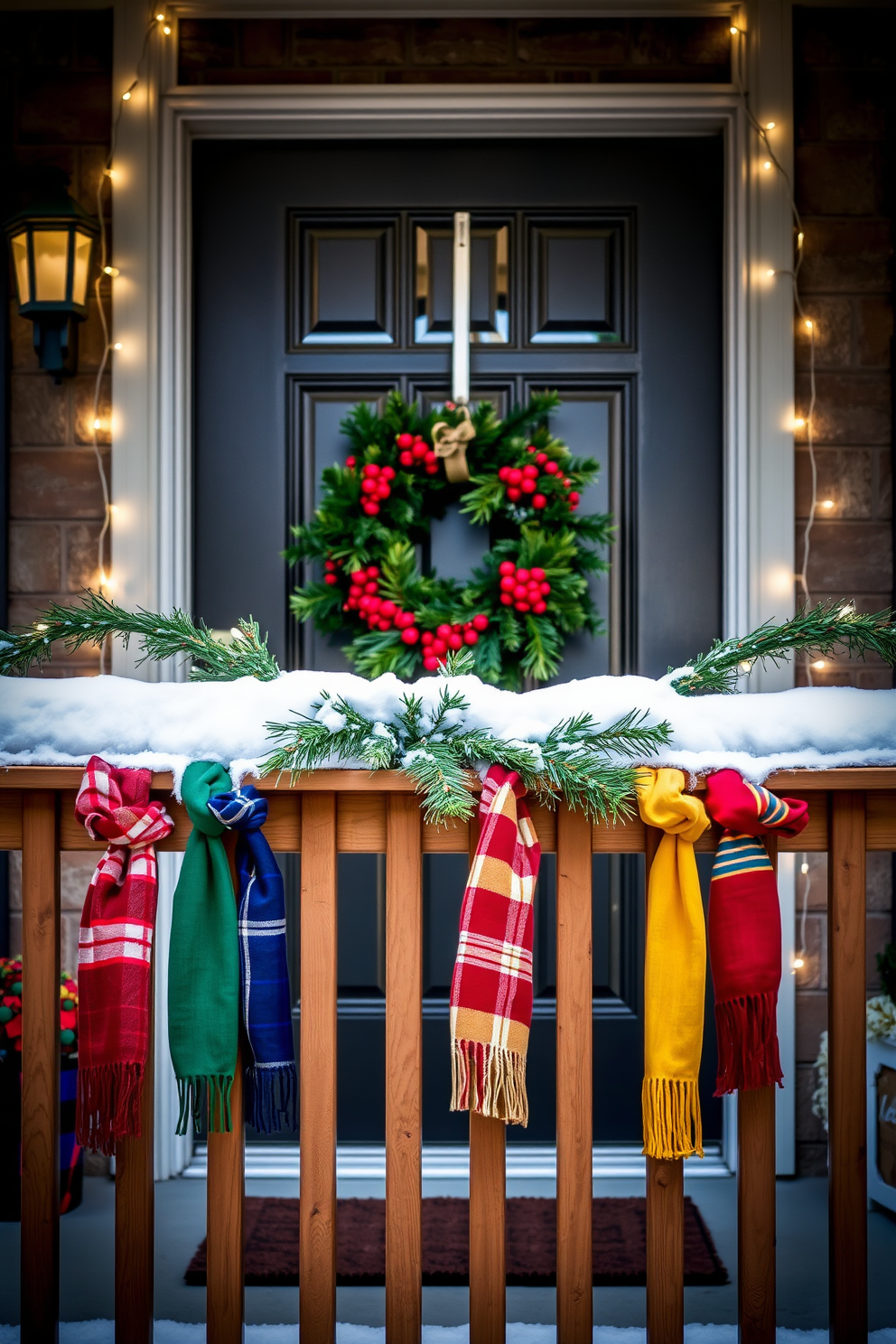 A charming winter front door decorated with festive red and white striped ribbon. The door is framed by lush evergreen garlands, and a large bow made of the same ribbon adorns the center.