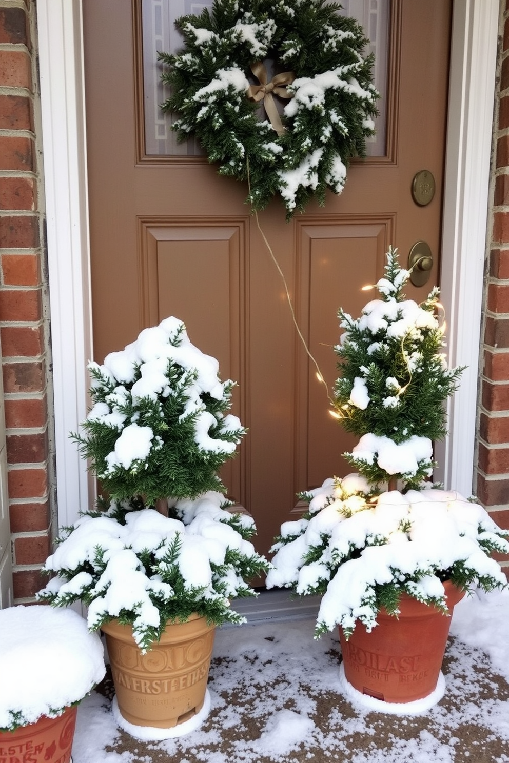 A winter front door adorned with potted plants covered in faux snow creates a charming and inviting entrance. The potted plants feature evergreen foliage, with twinkling fairy lights woven throughout for added warmth and sparkle.