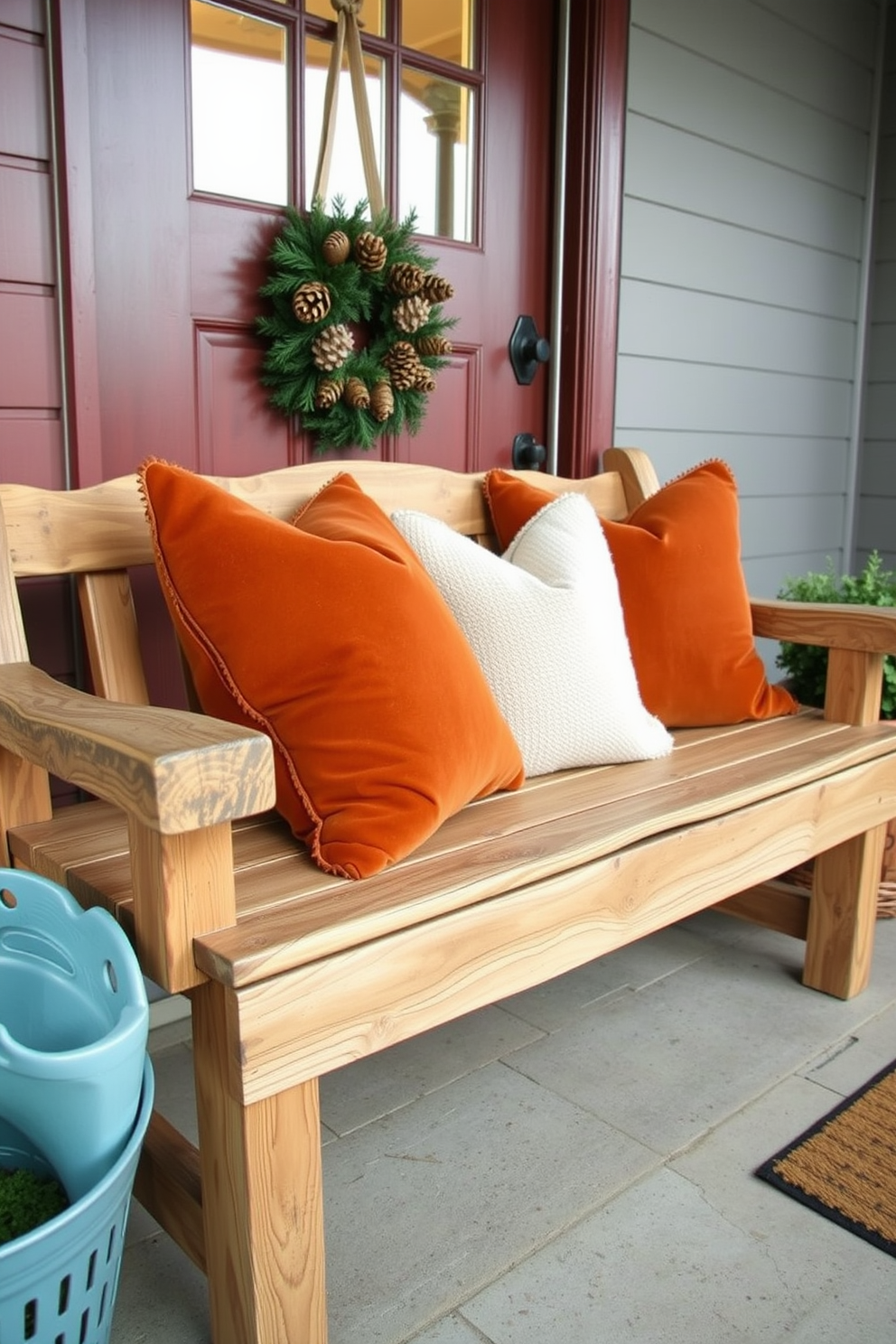 A rustic wooden bench is adorned with soft, cozy pillows in warm, earthy tones. The bench is placed near a beautifully decorated front door, featuring a seasonal wreath made of pinecones and greenery.