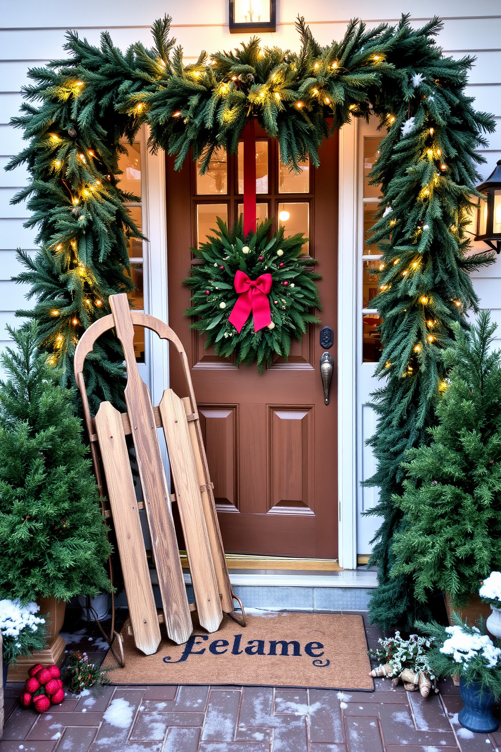 A vintage sled is propped against a charming front door adorned with festive wreaths and twinkling lights. The entrance is framed by lush evergreen garlands, and a cozy welcome mat invites guests into a warm winter ambiance.