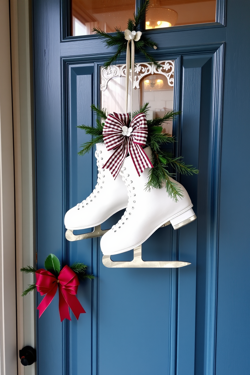 A charming winter front door setting. Decorative ice skates are elegantly hung on the door, adorned with seasonal greenery and a festive bow.