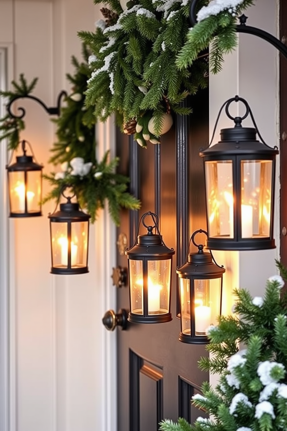 A charming winter front door adorned with hanging lanterns. Each lantern is filled with warm white lights and surrounded by lush winter greenery, creating a welcoming glow.