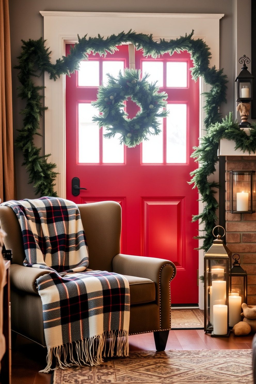 A rustic wooden sled is propped against a weathered wall, adorned with a cozy plaid blanket draped over its side. The front door is beautifully decorated with a lush green wreath, accented by pinecones and red berries, welcoming guests into a warm winter retreat.