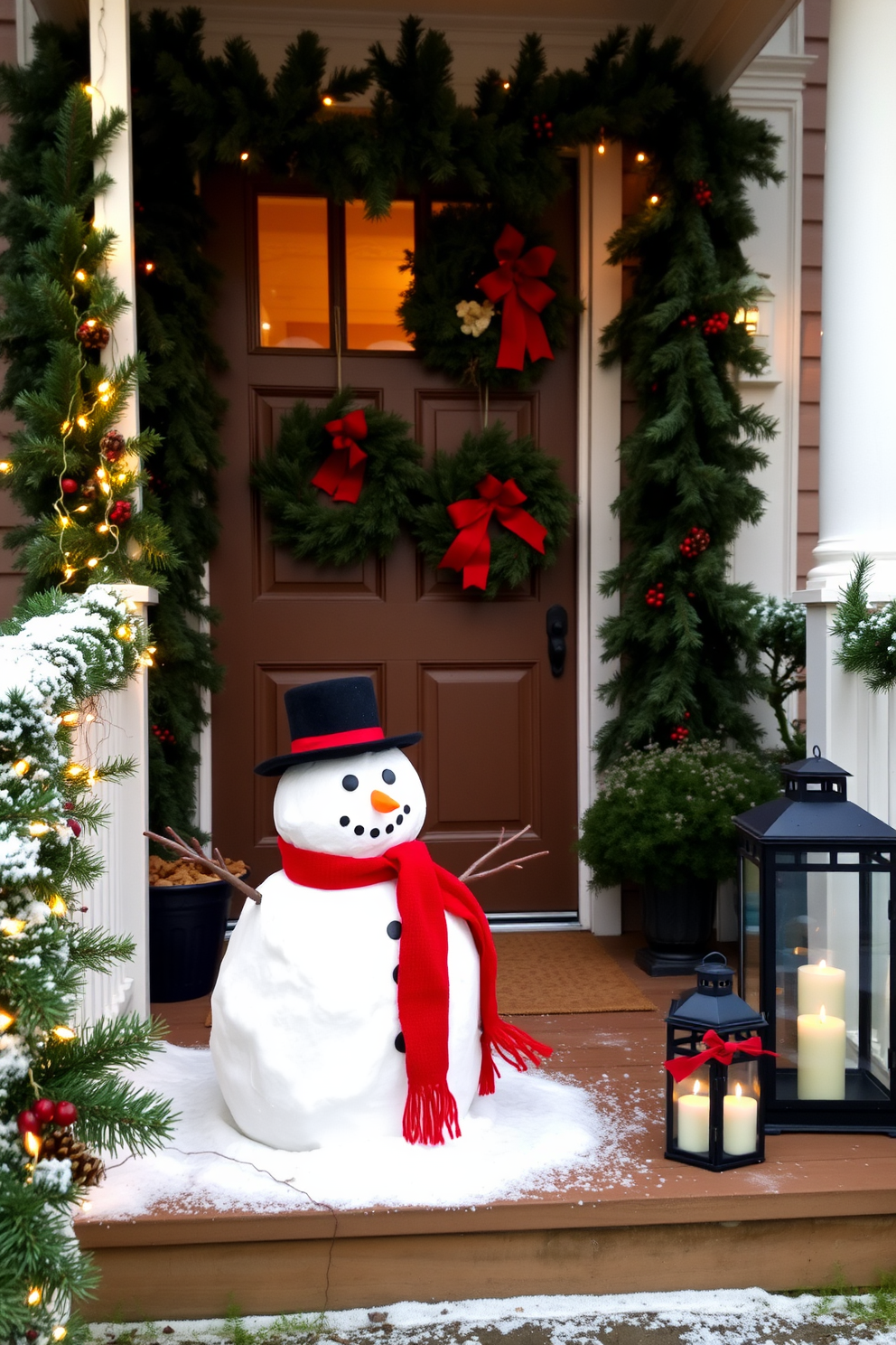 A charming winter porch features a whimsical snowman made of three snowballs, adorned with a bright red scarf and a black top hat. Surrounding the snowman, twinkling fairy lights are strung along the railing, creating a warm and inviting atmosphere. The front door is framed by lush evergreen garlands and festive wreaths, accented with pinecones and red berries. A pair of lanterns with flickering candles sit on either side of the door, welcoming guests into a cozy winter wonderland.