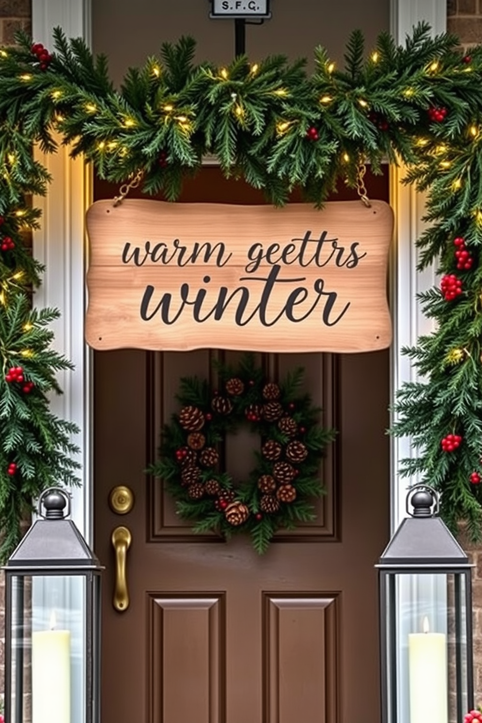 A rustic wooden sign hangs at the entrance, adorned with warm winter greetings in elegant script. Surrounding the sign are fresh evergreen garlands and twinkling fairy lights, creating a cozy and inviting atmosphere. The front door is beautifully decorated with a wreath made of pinecones and red berries. A pair of lanterns with flickering candles flank the door, enhancing the seasonal charm.