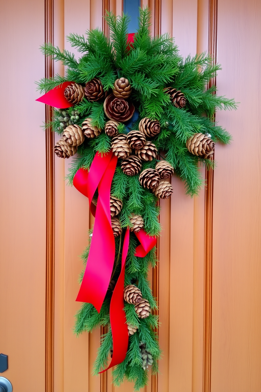 A rustic wooden sign hangs on the front door adorned with winter greetings. The sign features hand-painted letters in white against a weathered brown background, surrounded by pinecones and evergreen branches. The front door is decorated with a lush wreath made of mixed greenery and red berries. A cozy doormat with a winter motif welcomes guests, completing the charming seasonal look.