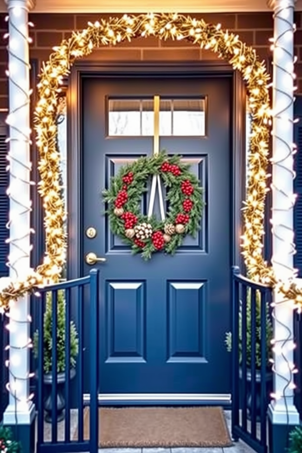 A charming winter front door adorned with white fairy lights elegantly wrapped around the railings. The door itself is painted in a deep navy blue, and a festive wreath made of pinecones and red berries hangs prominently at the center.