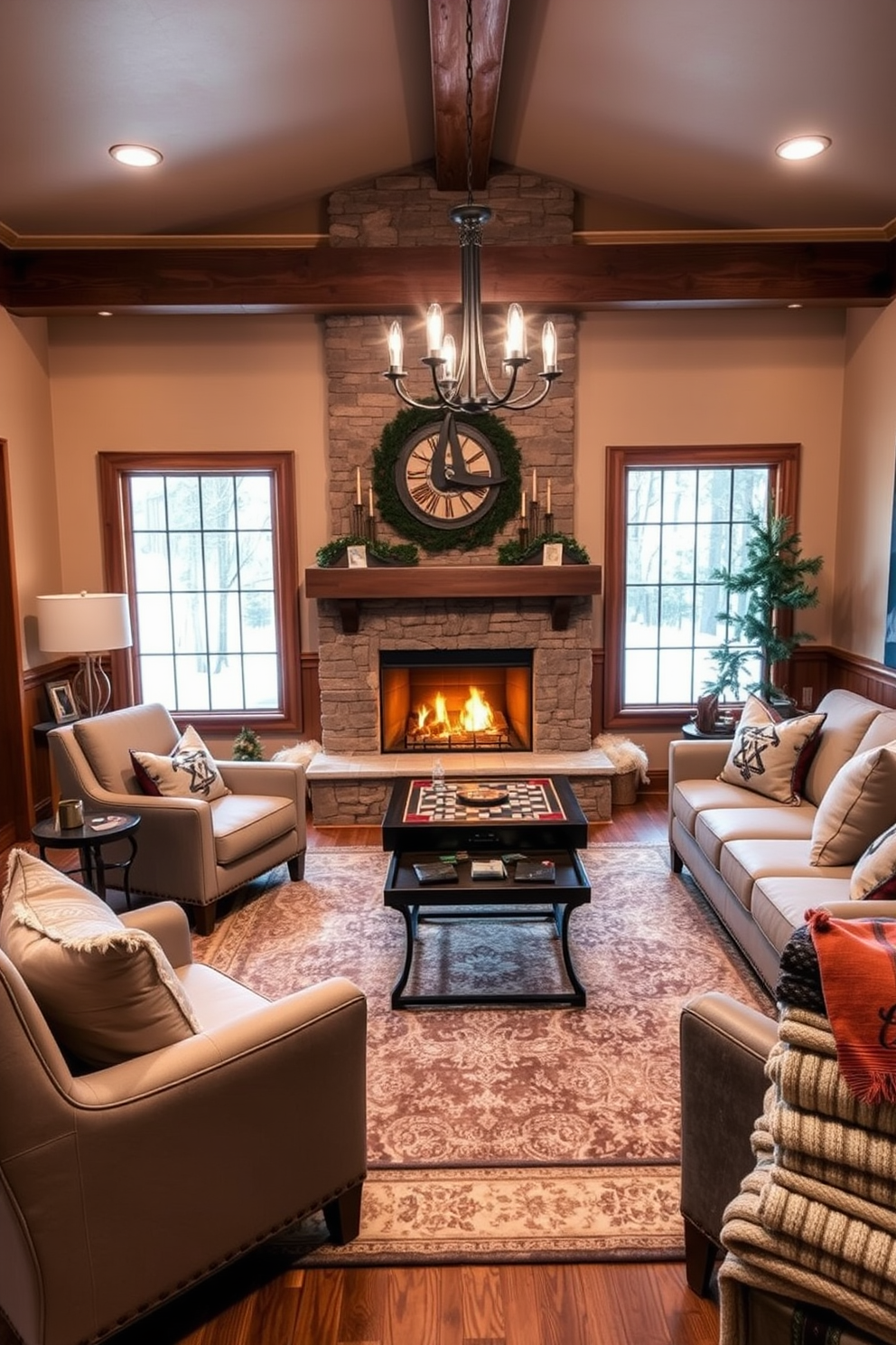 A cozy fireplace sets the warm ambiance in the winter game room. Plush seating surrounds the fireplace, inviting relaxation and conversation. Rich wood accents and soft textiles create a welcoming atmosphere. A rustic coffee table sits at the center, adorned with games and seasonal decor.