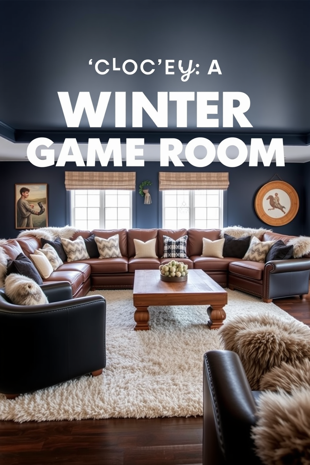 Create a cozy winter game room that features a large sectional sofa adorned with faux fur cushions for added warmth. The walls are painted in a deep navy blue, and a rustic wooden coffee table sits in the center, surrounded by plush area rugs.