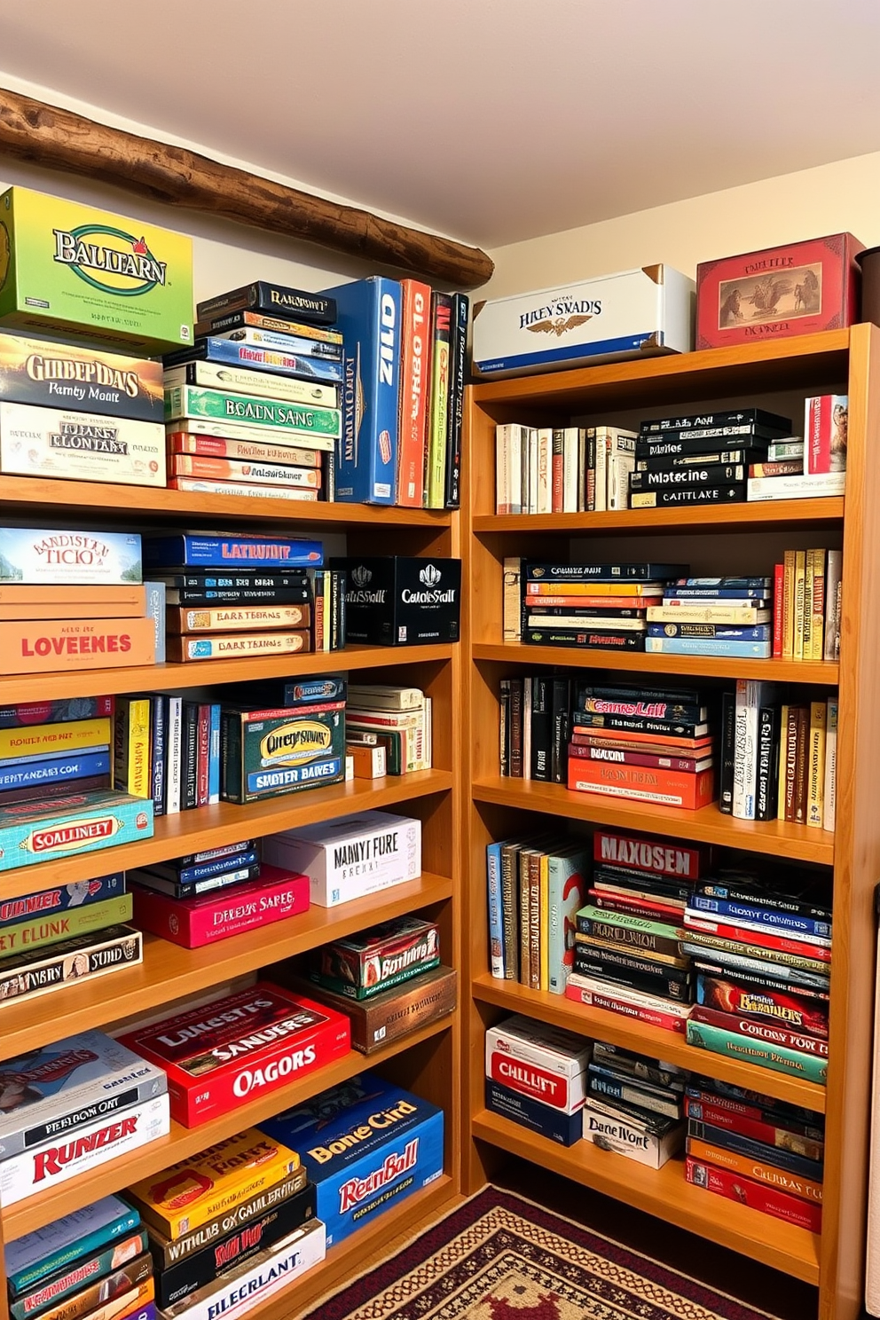 A cozy winter game room featuring wooden shelves for game storage. The shelves are filled with an array of board games and vintage game boxes, creating a warm and inviting atmosphere.