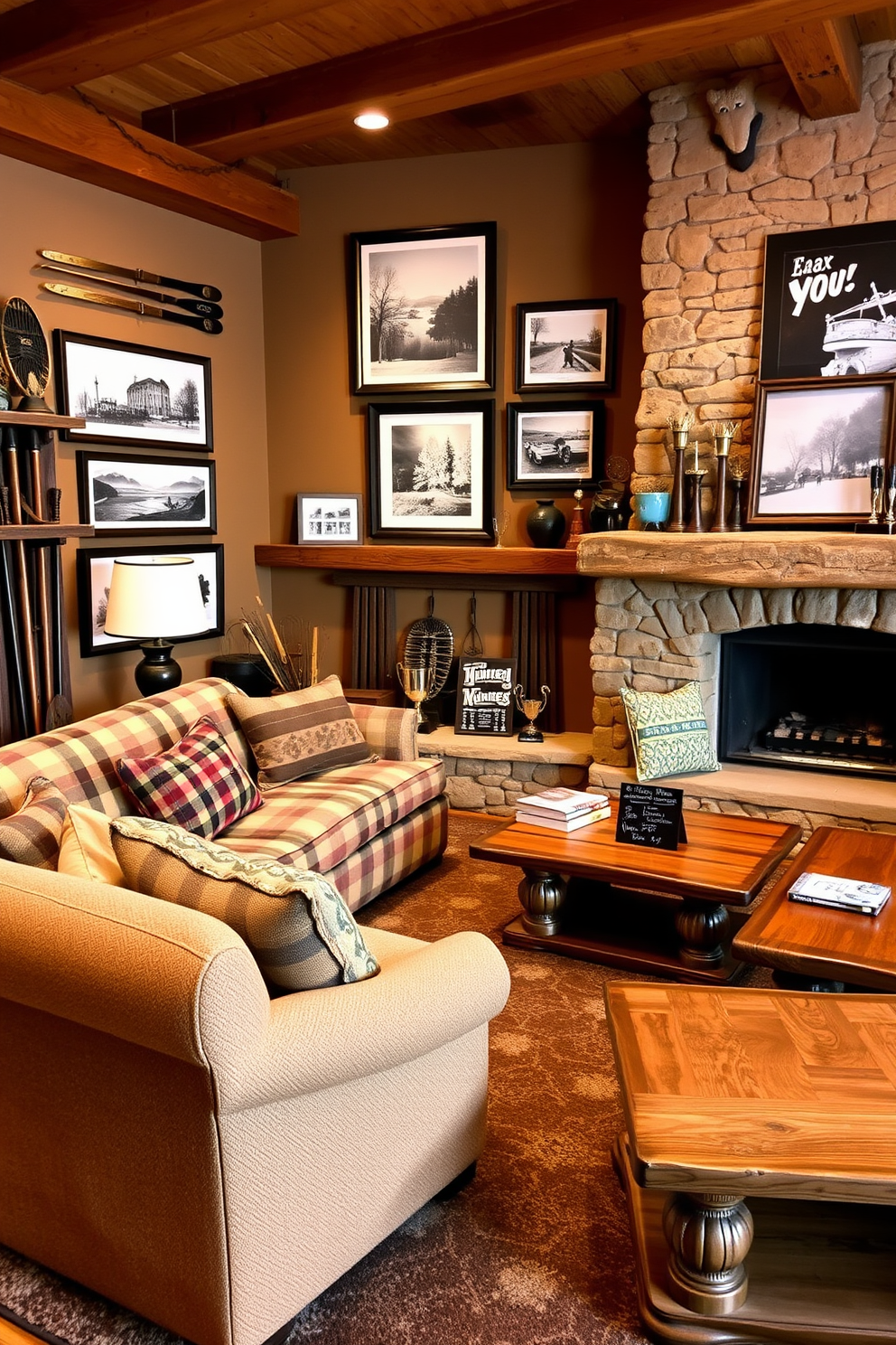 A cozy winter game room features a rustic wooden wall adorned with ice skates hung from hooks, evoking a nostalgic winter vibe. The room is filled with comfortable seating, a large coffee table, and a fireplace, creating an inviting atmosphere for family and friends to gather.