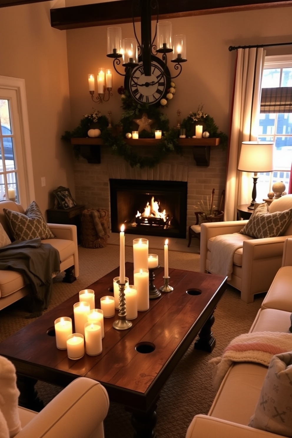 Candlelit ambiance for cozy evenings. Soft golden light flickers from an array of candles placed on a rustic wooden coffee table, surrounded by plush seating and warm blankets. Winter Game Room Decorating Ideas. A large fireplace crackles in the corner, with a stylish mantel adorned with seasonal decor, while a vintage game table takes center stage, inviting friends and family to gather for fun.