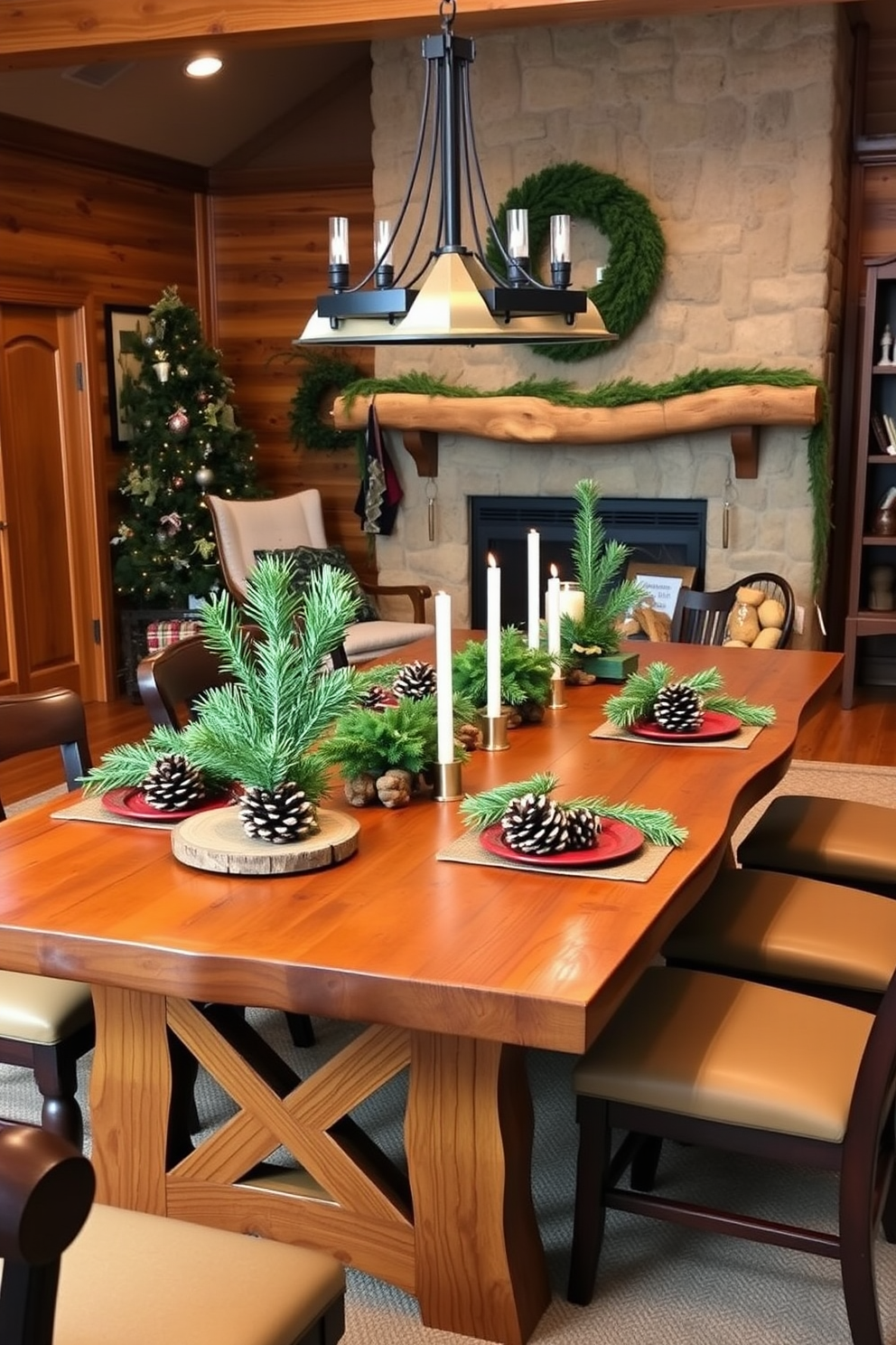 A cozy winter game room features a rustic wooden table adorned with pinecone and evergreen centerpieces. The walls are decorated with warm-toned wood paneling, and a large fireplace adds to the inviting atmosphere.