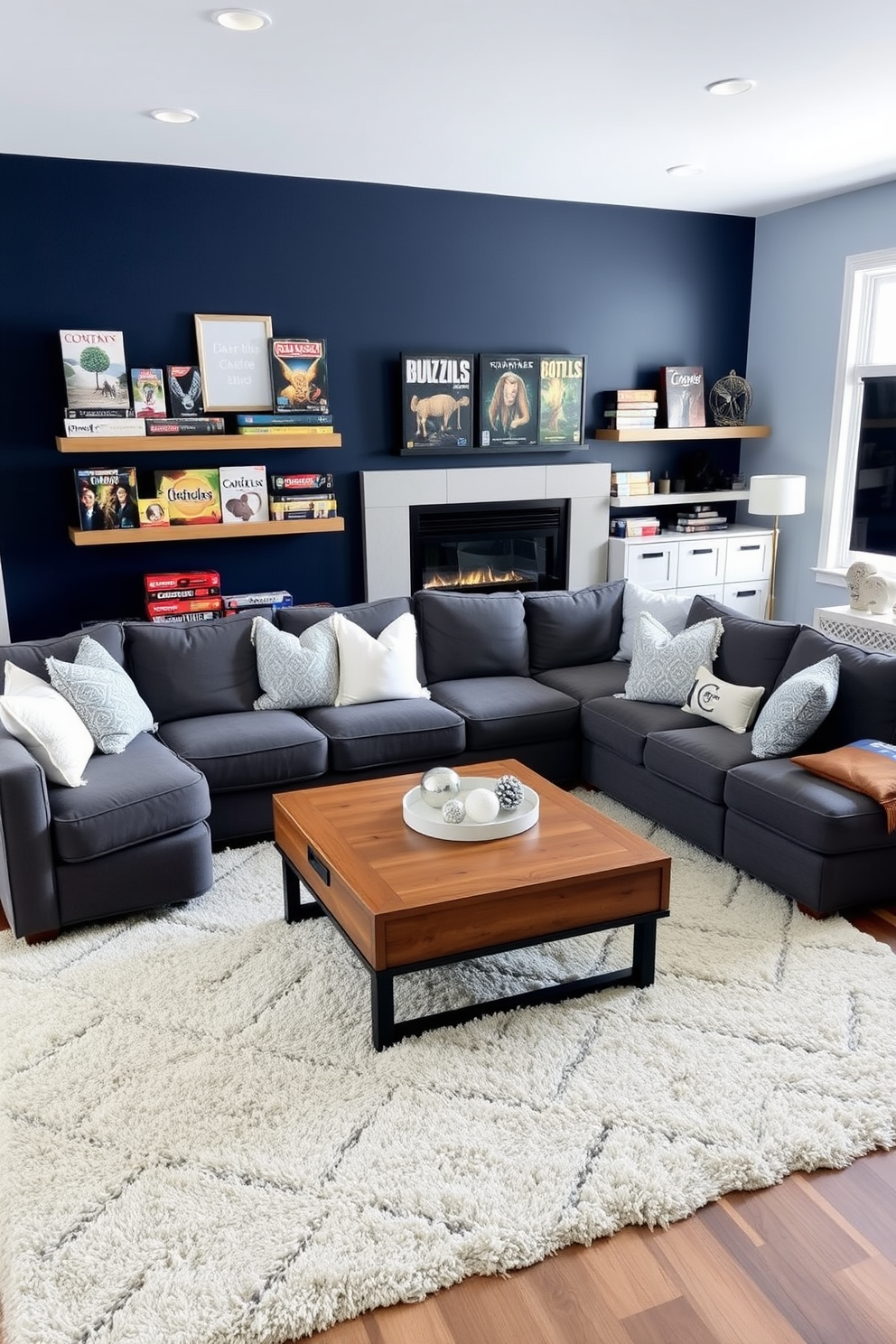 A cozy game room designed with a winter color palette. The walls are painted in a deep navy blue, complemented by a plush gray sectional sofa adorned with white and silver throw pillows. A large wooden coffee table sits in the center, surrounded by soft, textured rugs in shades of cream and charcoal. Wall-mounted shelves display an array of board games and winter-themed decor, while a sleek fireplace adds warmth to the space.