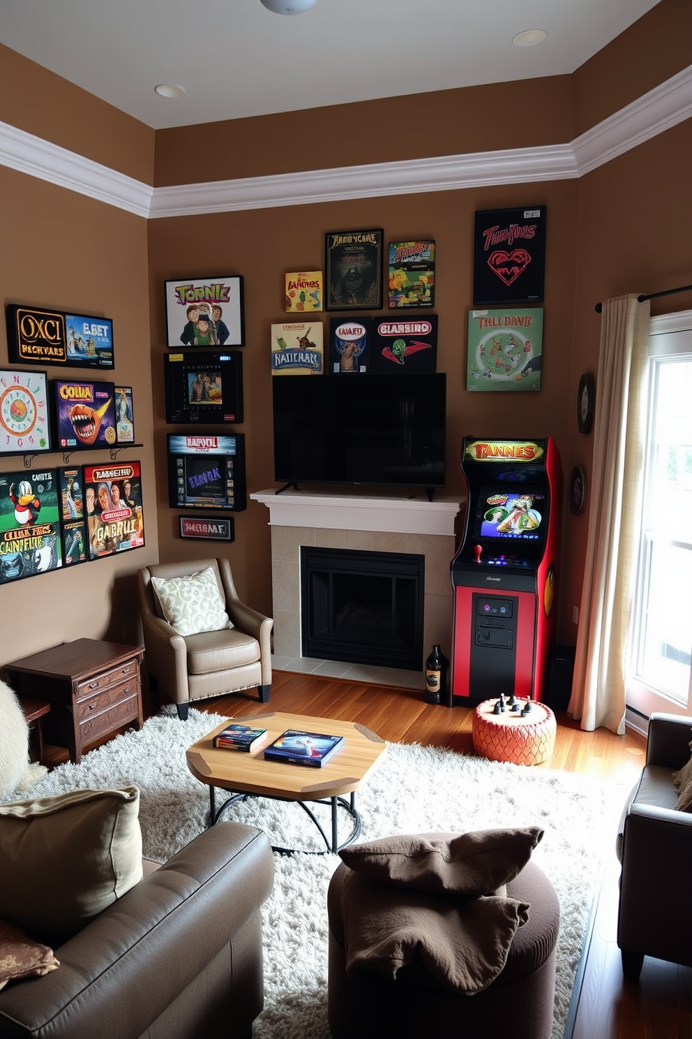 A cozy winter game room featuring wall-mounted game displays showcasing various board games and vintage arcade machines. The walls are painted in a warm, inviting color, and a plush area rug lies beneath a large coffee table surrounded by comfortable seating.