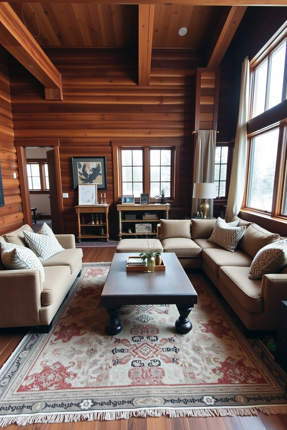 A cozy winter game room featuring warm wood tones throughout. The walls are clad in rich timber, and the ceiling showcases exposed wooden beams for a rustic charm. A large, plush sectional sofa invites relaxation, adorned with soft, textured throw pillows. A handcrafted wooden coffee table sits at the center, surrounded by a vintage area rug that adds warmth to the space. In one corner, a stylish bar cart made of reclaimed wood is stocked with games and refreshments. Large windows let in natural light, framed by soft, sheer curtains that flutter gently in the winter breeze.