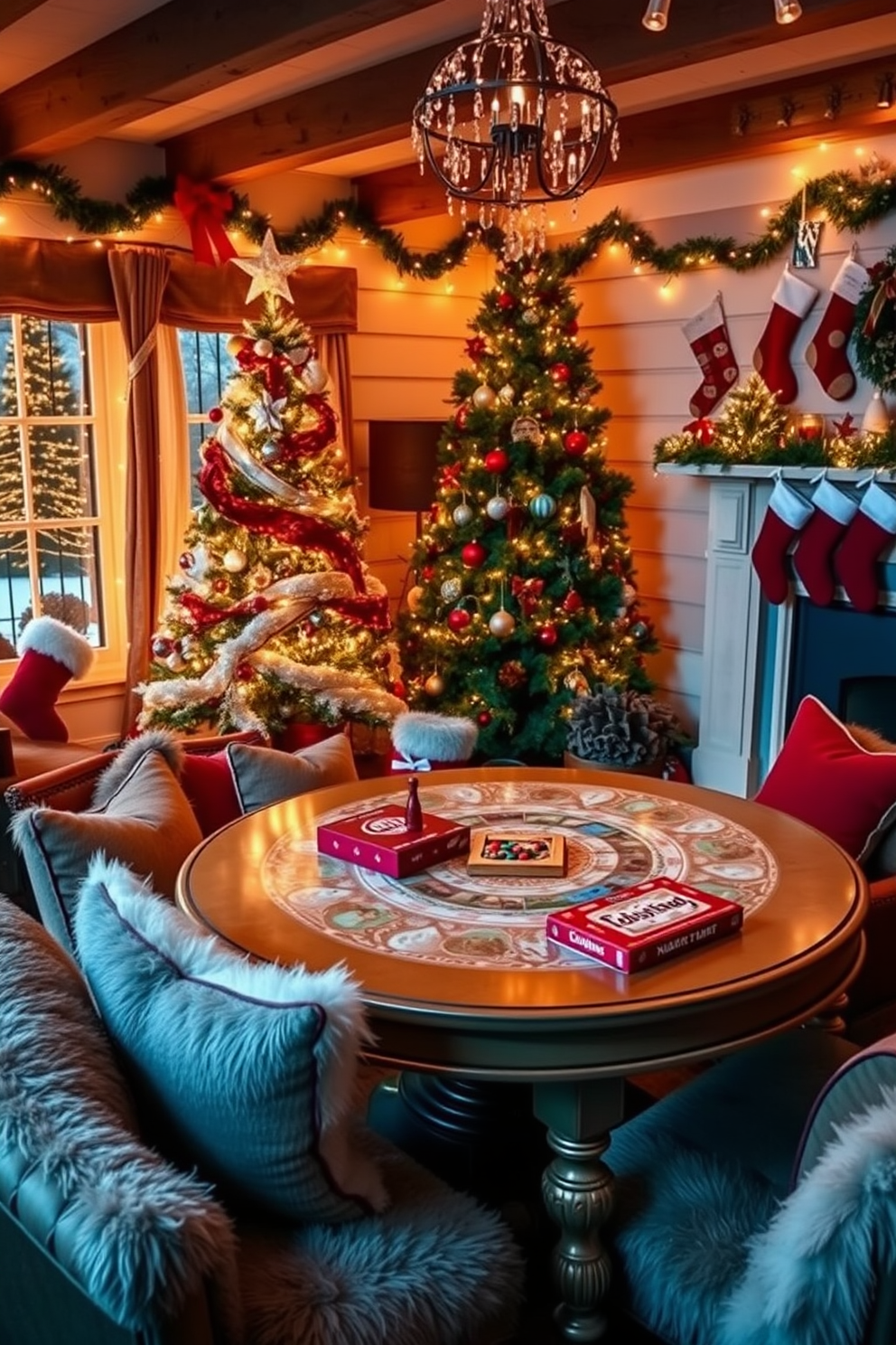 A cozy winter game room features exposed wooden beams that create a warm and inviting atmosphere. Plush seating arrangements surround a rustic coffee table, while a large stone fireplace serves as the room's focal point. The walls are adorned with winter-themed artwork and soft, ambient lighting enhances the cozy vibe. A wooden bar cart in the corner is stocked with hot cocoa essentials, inviting friends and family to gather and enjoy the space.