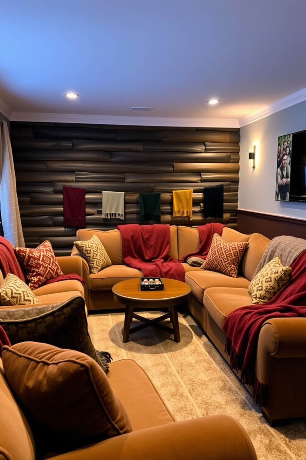 A cozy winter game room featuring plush sofas adorned with warm throw blankets in rich colors. The room is illuminated by soft lighting, creating an inviting atmosphere for game nights with friends and family.