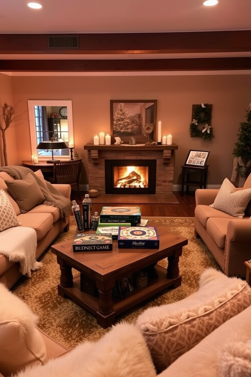 A cozy winter game room features a warm color palette with plush seating and soft blankets. The room is illuminated by soft lighting, creating an inviting atmosphere for relaxation and entertainment. Scented candles are strategically placed around the room, enhancing the ambiance with comforting fragrances. A rustic wooden coffee table holds a selection of board games, inviting friends and family to gather and enjoy quality time together.