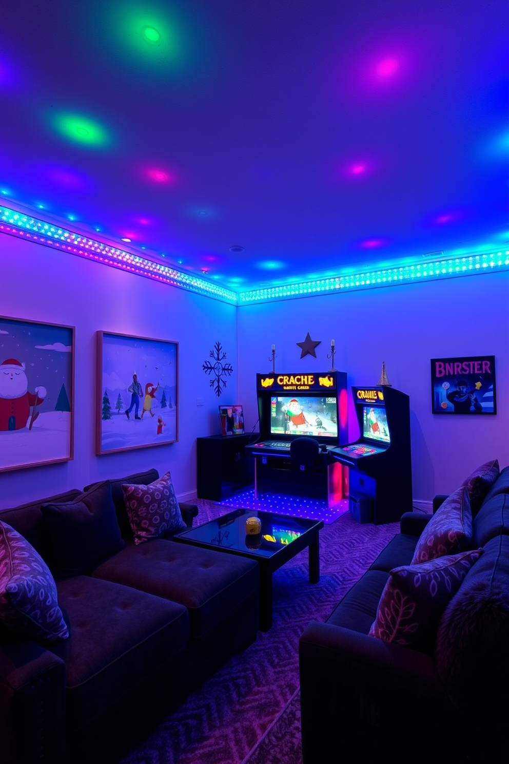 A cozy winter game room with multicolor LED lights creating a vibrant atmosphere. The walls are adorned with playful winter-themed artwork, and plush seating options invite friends and family to gather and enjoy the space.