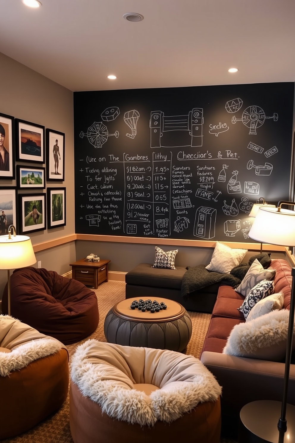 A cozy winter game room features interactive wall art that engages guests and enhances the atmosphere. The walls are adorned with framed game-themed prints, and a large chalkboard wall invites everyone to leave their scores and doodles. Plush seating arrangements include a mix of oversized bean bags and a sectional sofa, creating a comfortable space for relaxation. Warm lighting from stylish floor lamps casts a soft glow, setting the perfect mood for game nights with friends and family.