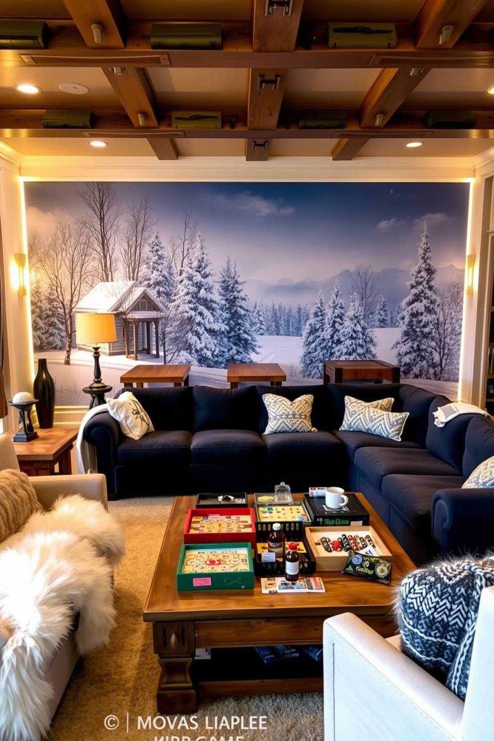 A cozy winter game room features a stunning mural of a serene winter landscape as a backdrop. The walls are adorned with soft, warm lighting to create an inviting atmosphere for family and friends to gather. The room includes a plush sectional sofa in deep navy, surrounded by rustic wooden game tables. Accents of faux fur and knitted throws add texture and warmth, while a large coffee table holds an assortment of board games and hot cocoa supplies.