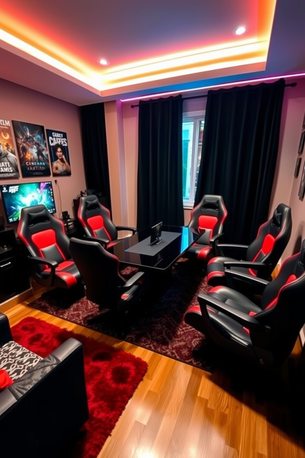 A cozy winter game room filled with decorative snow globes displayed on open shelves. The shelves are made of reclaimed wood and are adorned with twinkling fairy lights to create a warm ambiance.