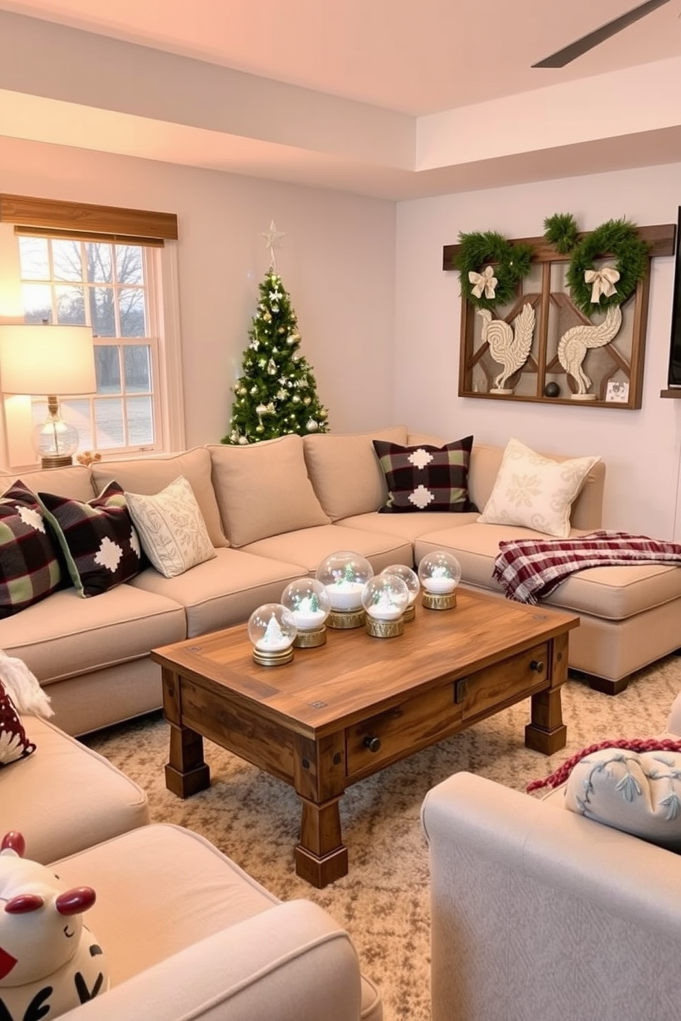 Create a cozy winter game room featuring mini indoor snow globe decorations scattered throughout the space. The room includes a plush sectional sofa, a rustic wooden coffee table, and warm ambient lighting to enhance the festive atmosphere.