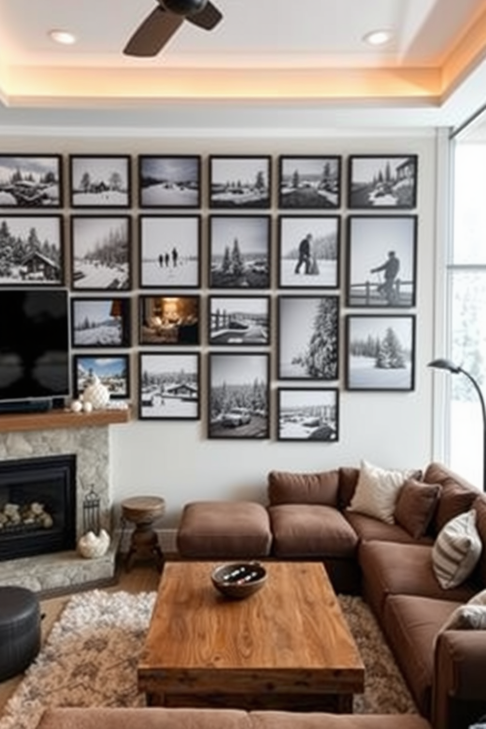 A gallery wall showcasing winter memories. The wall is adorned with a collection of framed photographs capturing snowy landscapes and cozy indoor scenes. A game room designed for winter relaxation. The space features a large sectional sofa, a rustic wooden coffee table, and a fireplace, creating a warm and inviting atmosphere.