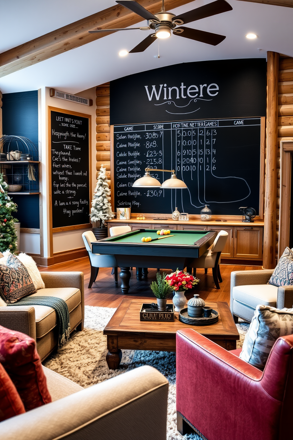 A cozy winter game room features a large chalkboard wall dedicated to game scores, adding a fun and interactive element to the space. The room is decorated with warm wood accents, plush seating, and soft lighting to create an inviting atmosphere for friends and family. The game area includes a stylish pool table surrounded by comfortable chairs, perfect for entertaining guests. A rustic coffee table holds snacks and drinks, while festive winter decor adds a seasonal touch to the overall design.